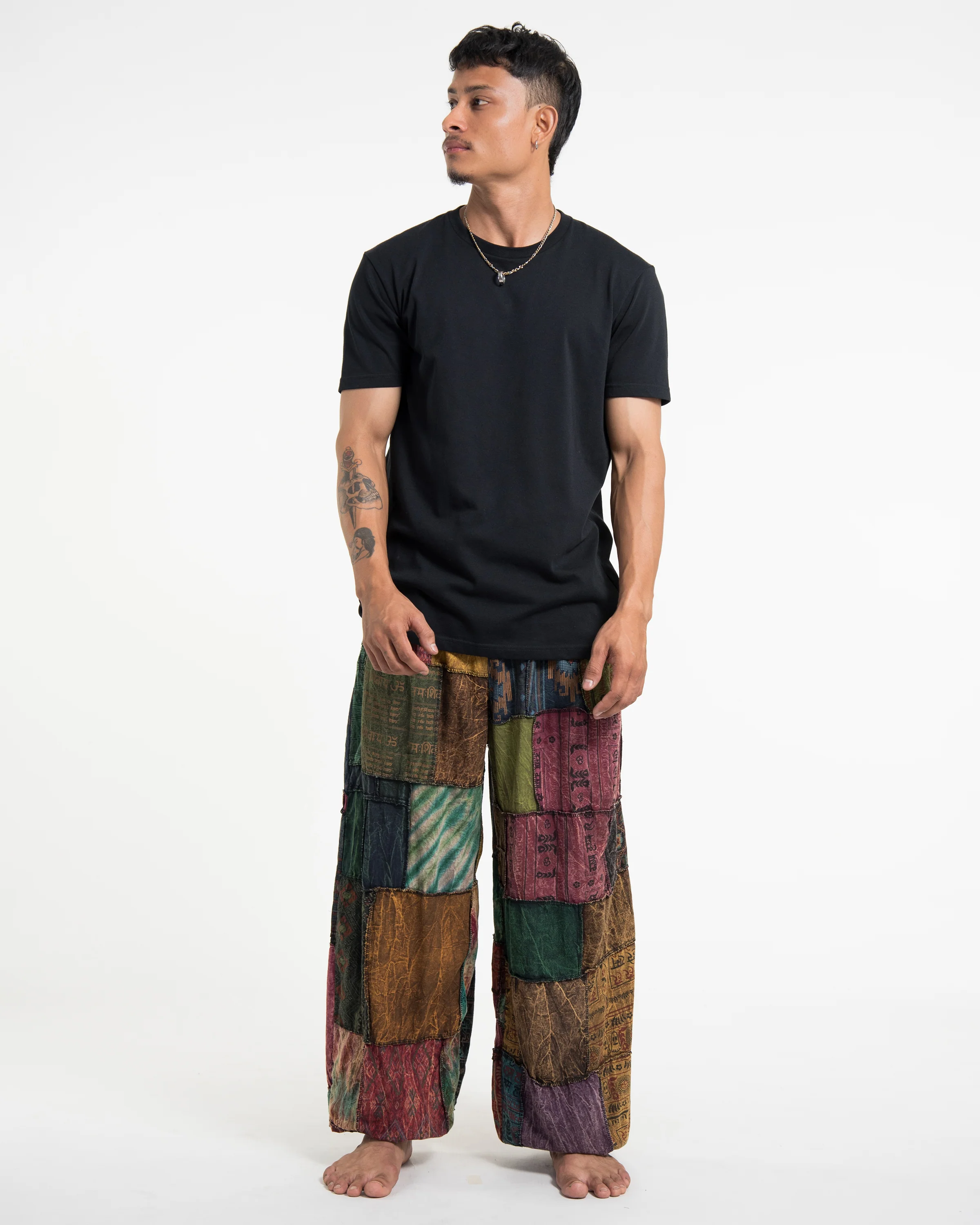 Men's Patchwork Stone Washed Balloon Cotton Pants in Black