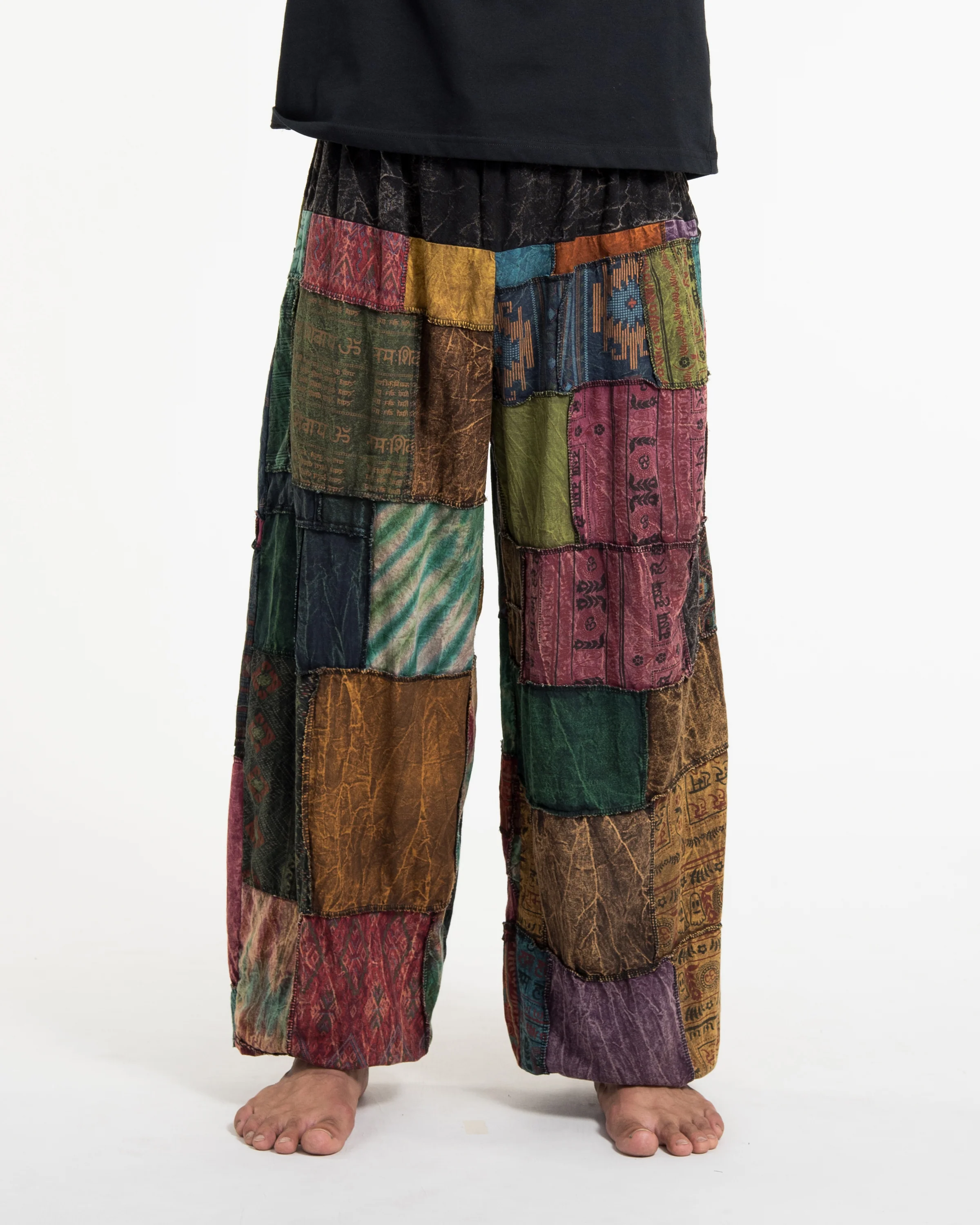 Men's Patchwork Stone Washed Balloon Cotton Pants in Black