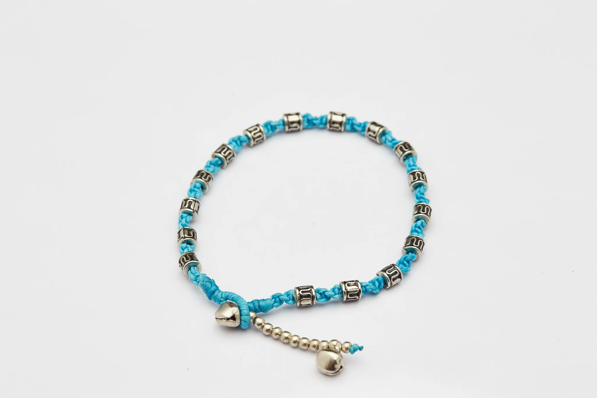 Hand Made Fair Trade Anklet Waxed Cotton Silver Beads Turquoise