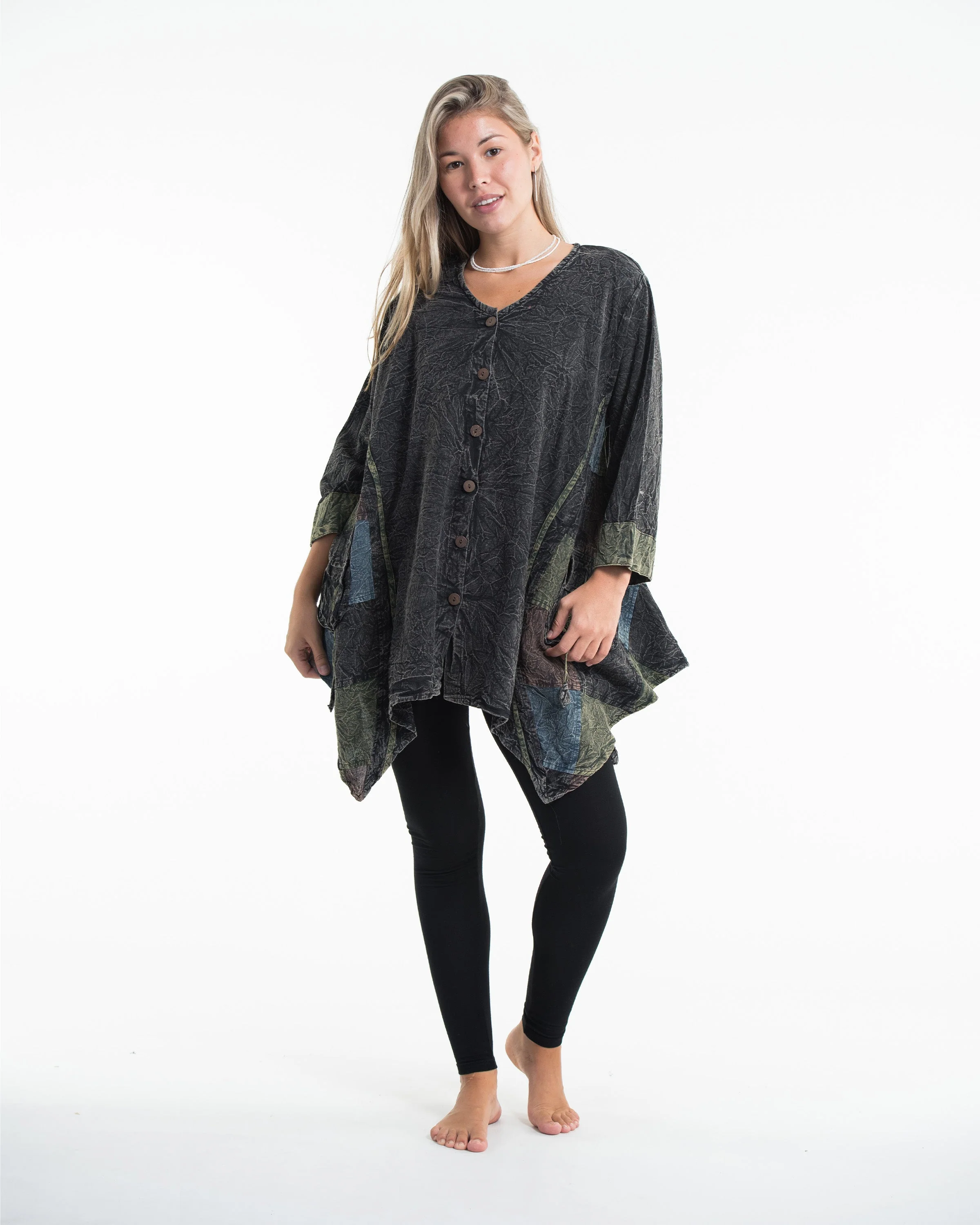 Unisex Patchwork Stonewashed Tunic Top in Black