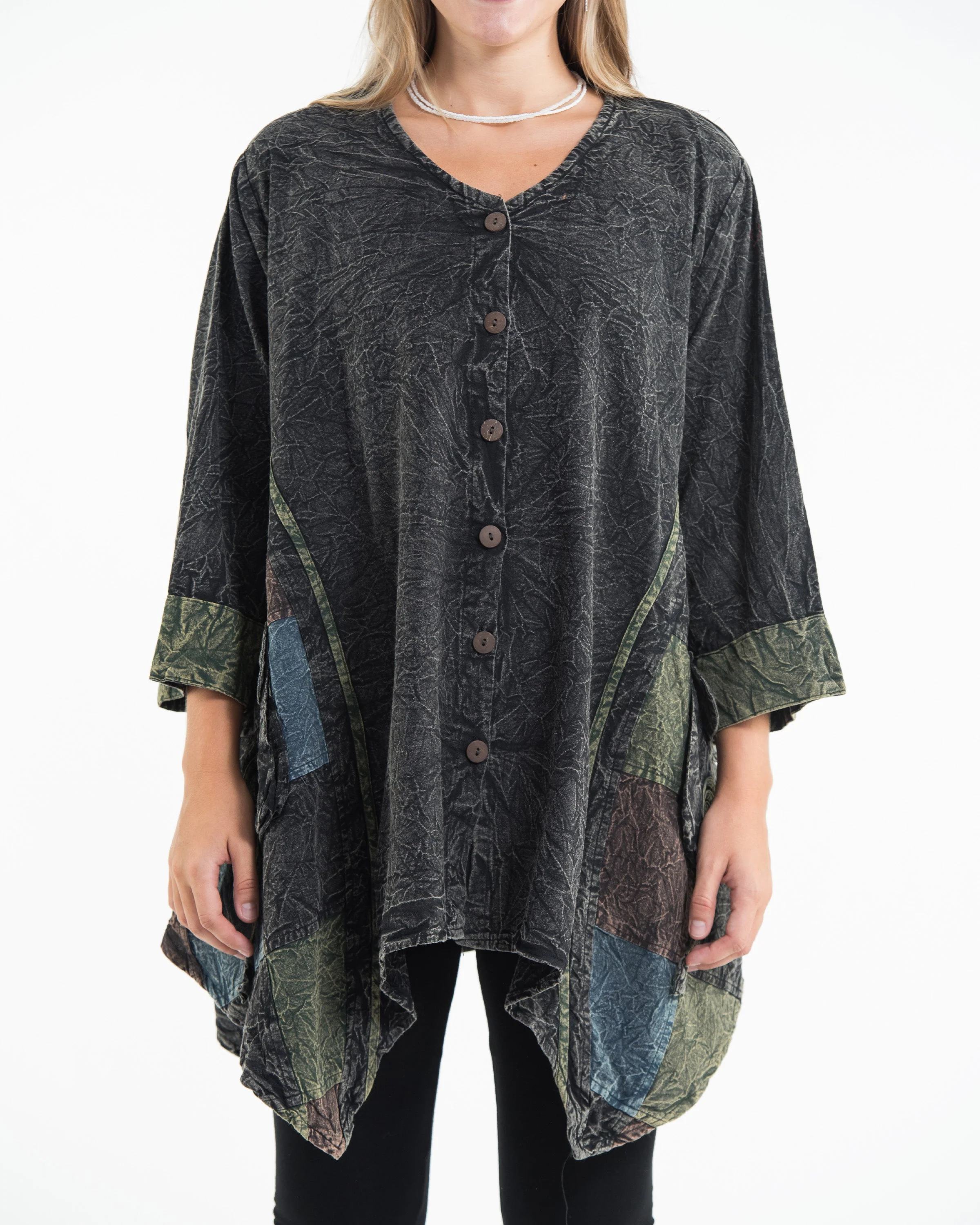 Unisex Patchwork Stonewashed Tunic Top in Black