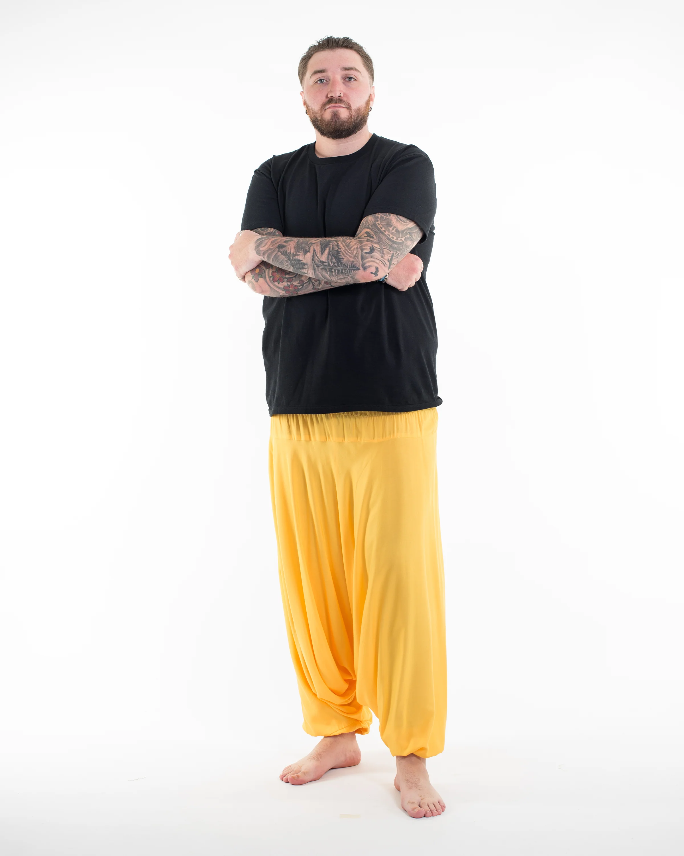 Plus Size Solid Color Drop Crotch Men's Harem Pants in Light Yellow