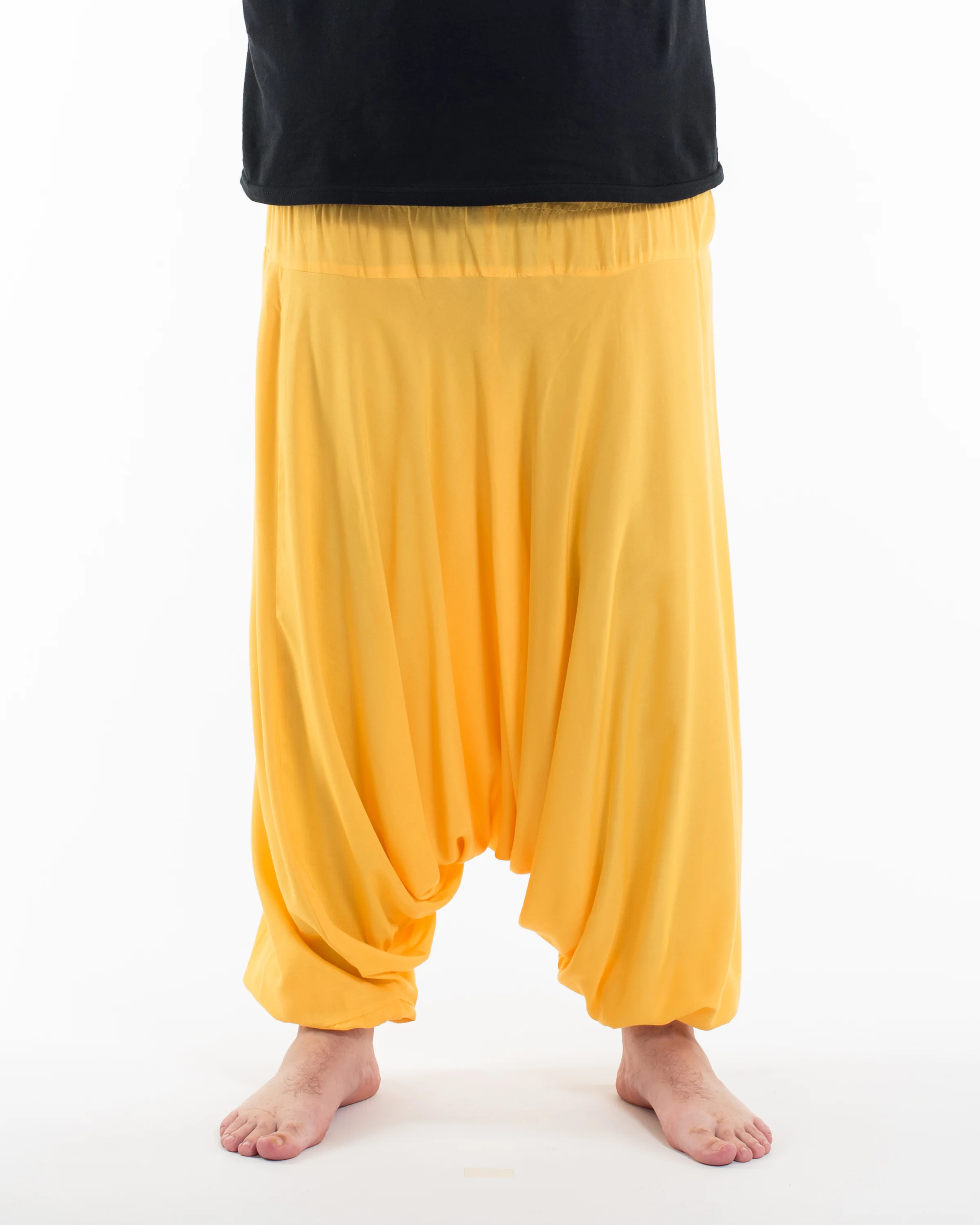 Plus Size Solid Color Drop Crotch Men's Harem Pants in Light Yellow