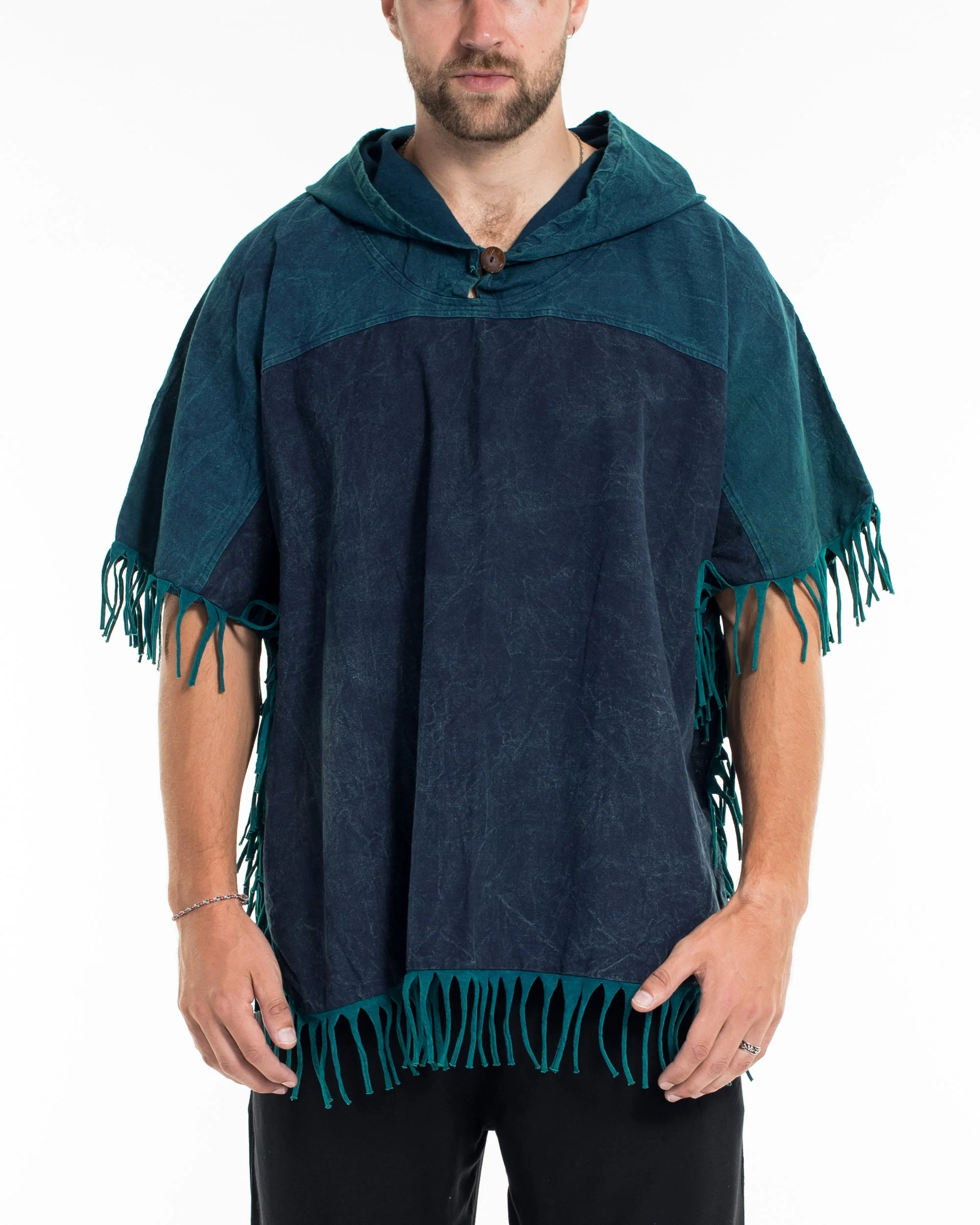 Unisex Stonewash Hooded Poncho in Blue