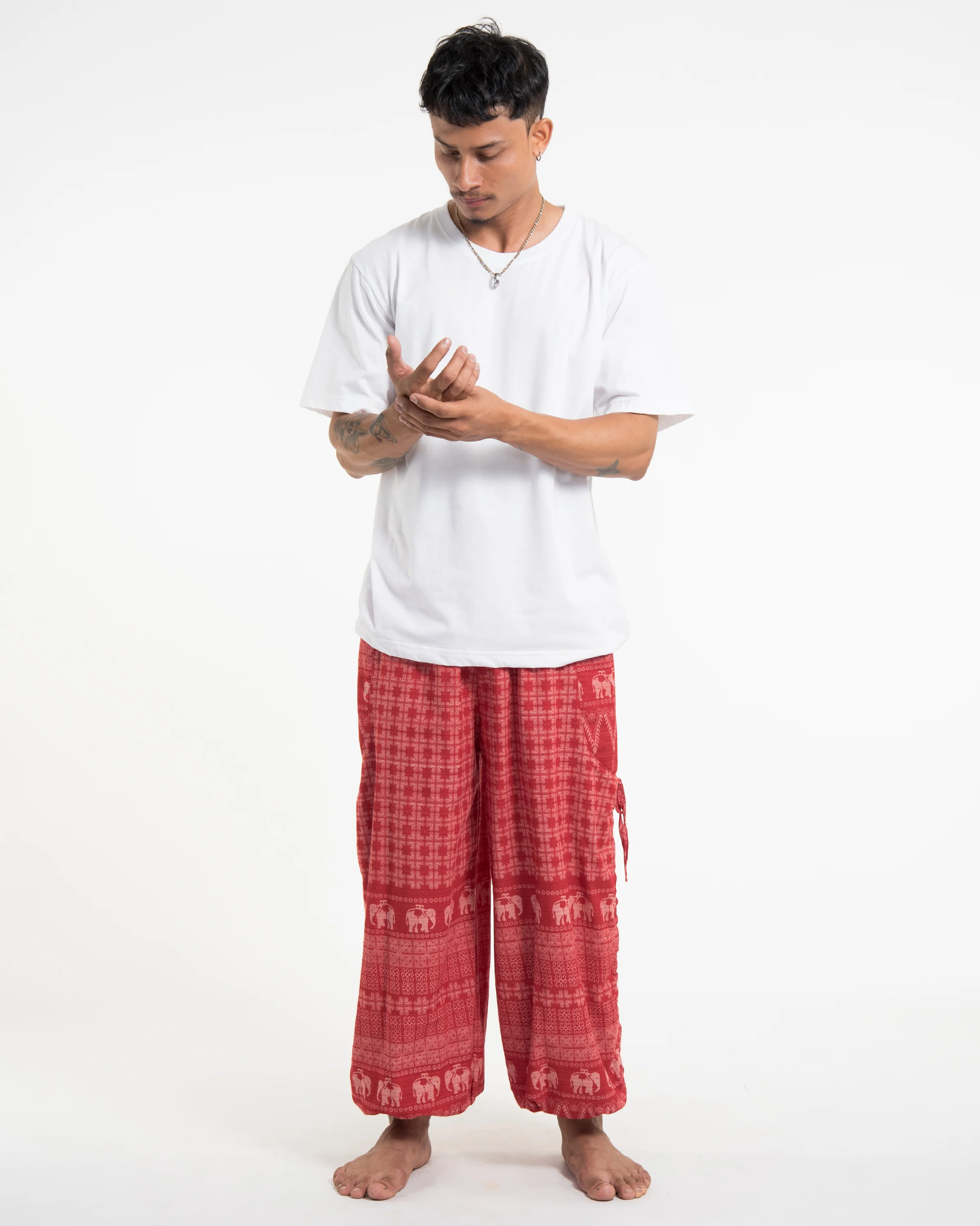 Men's Hill Tribe Cotton Elephant Pants in Red