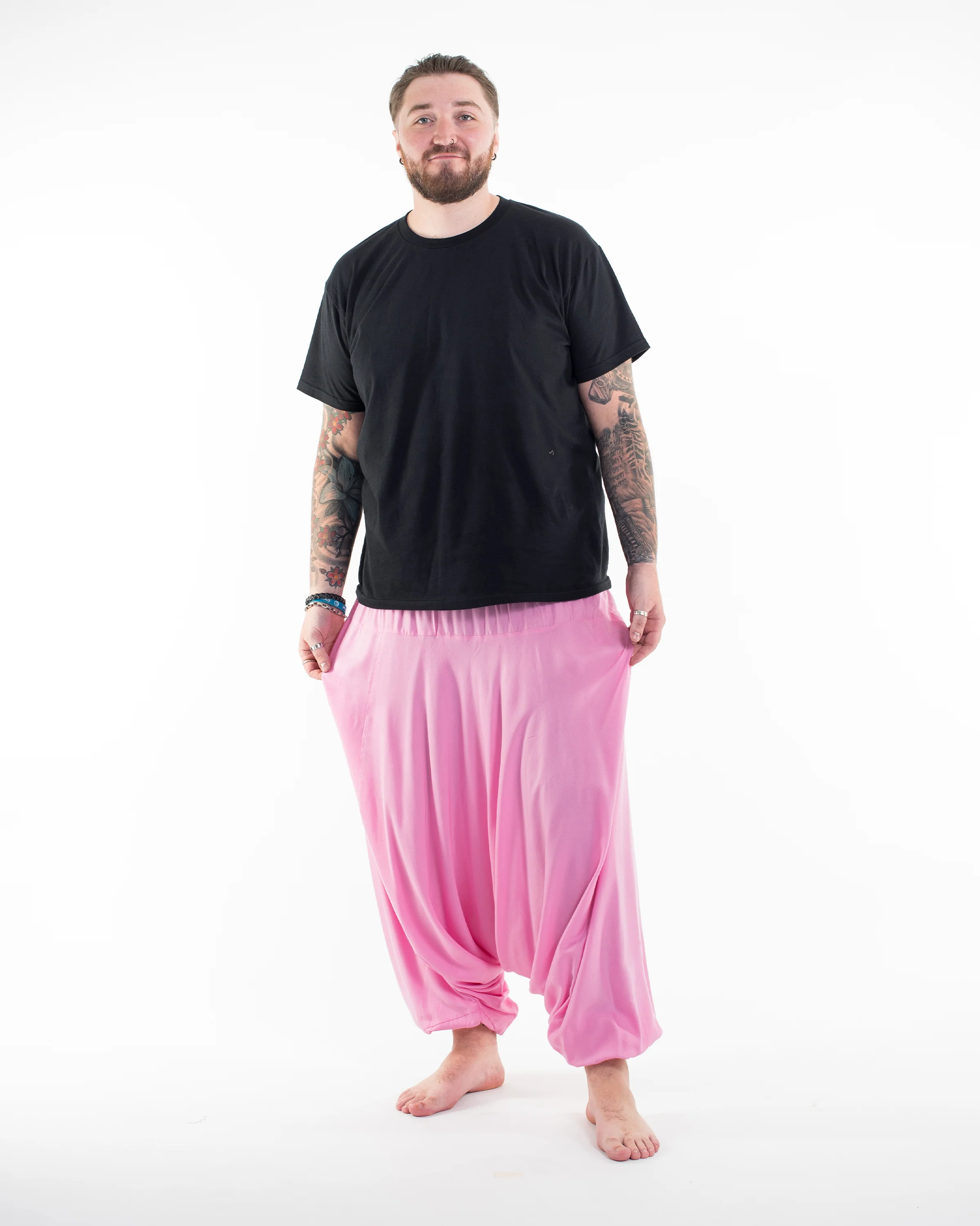 Plus Size Solid Color Drop Crotch Men's Harem Pants in Light Pink