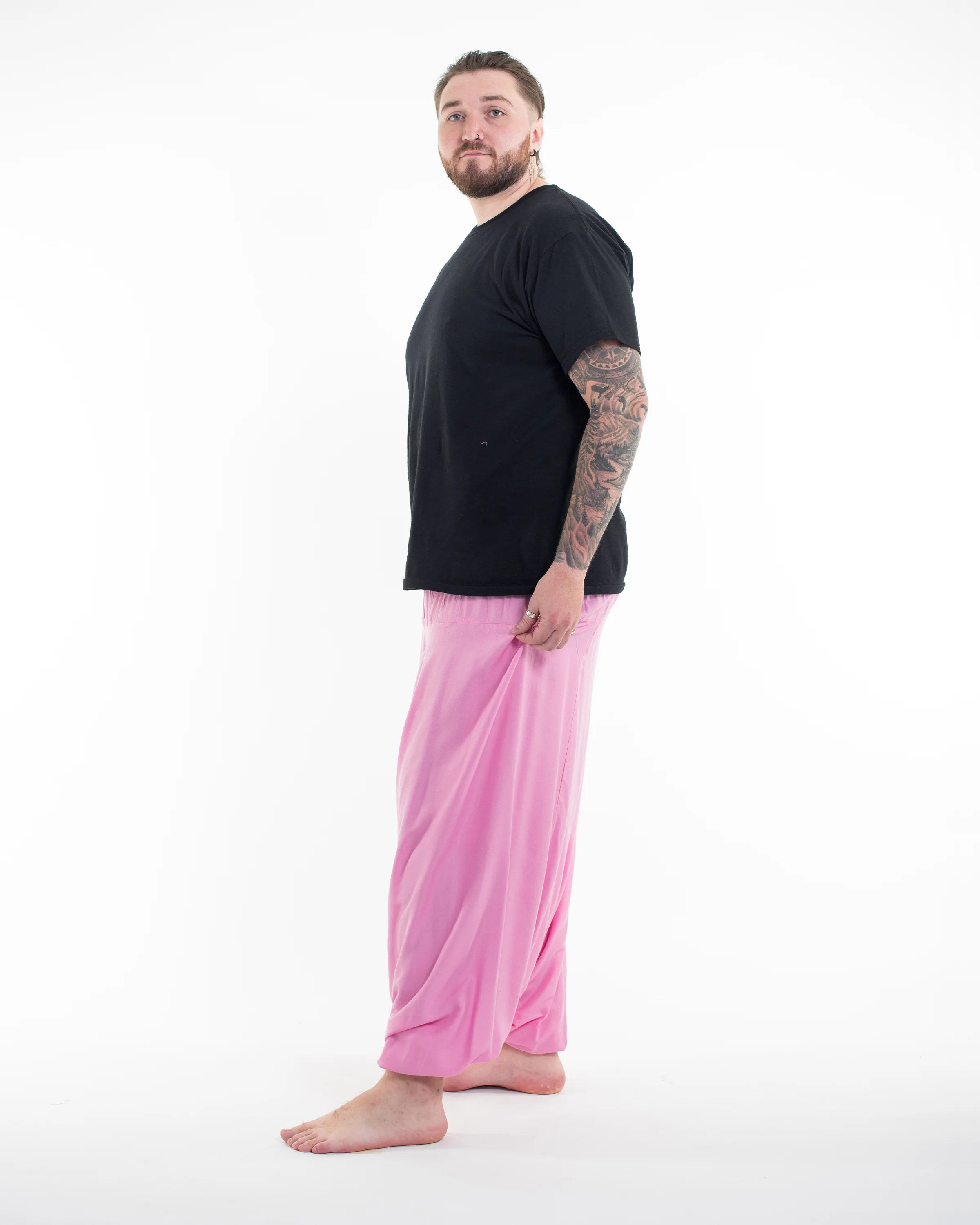 1226-Plus-Size-Solid-Color-Drop-Crotch-Men-s-Harem-Pants-in-Light-Pink-3.webp Plus Size Solid Color Drop Crotch Men's Harem Pants in Light Pink