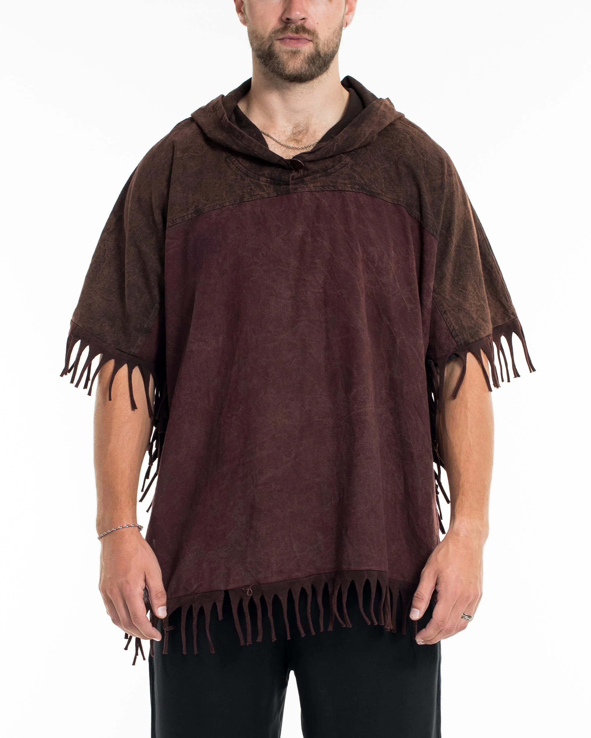 Unisex Stonewash Hooded Poncho in Dark Brown