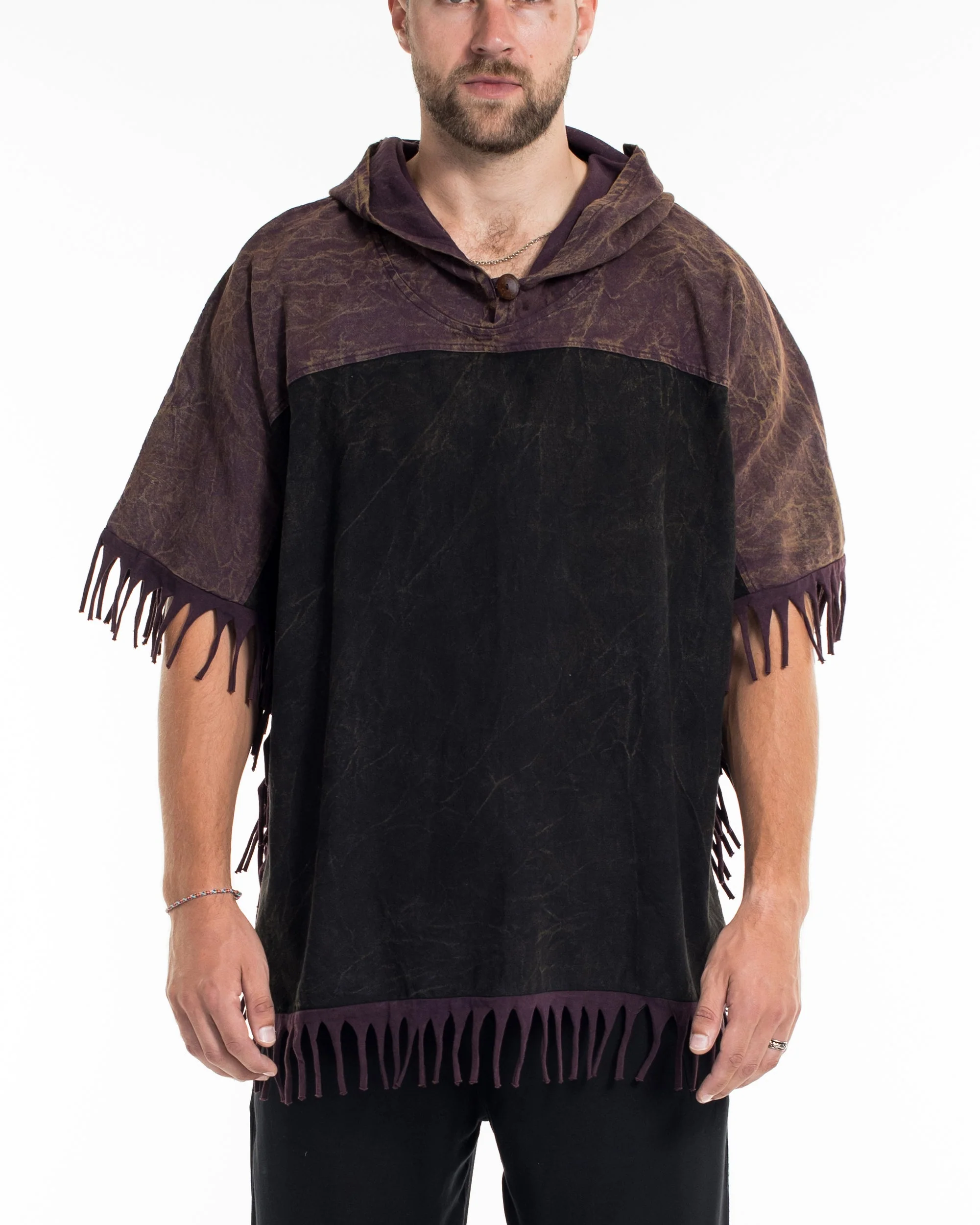 Unisex Stonewash Hooded Poncho in Black Purple