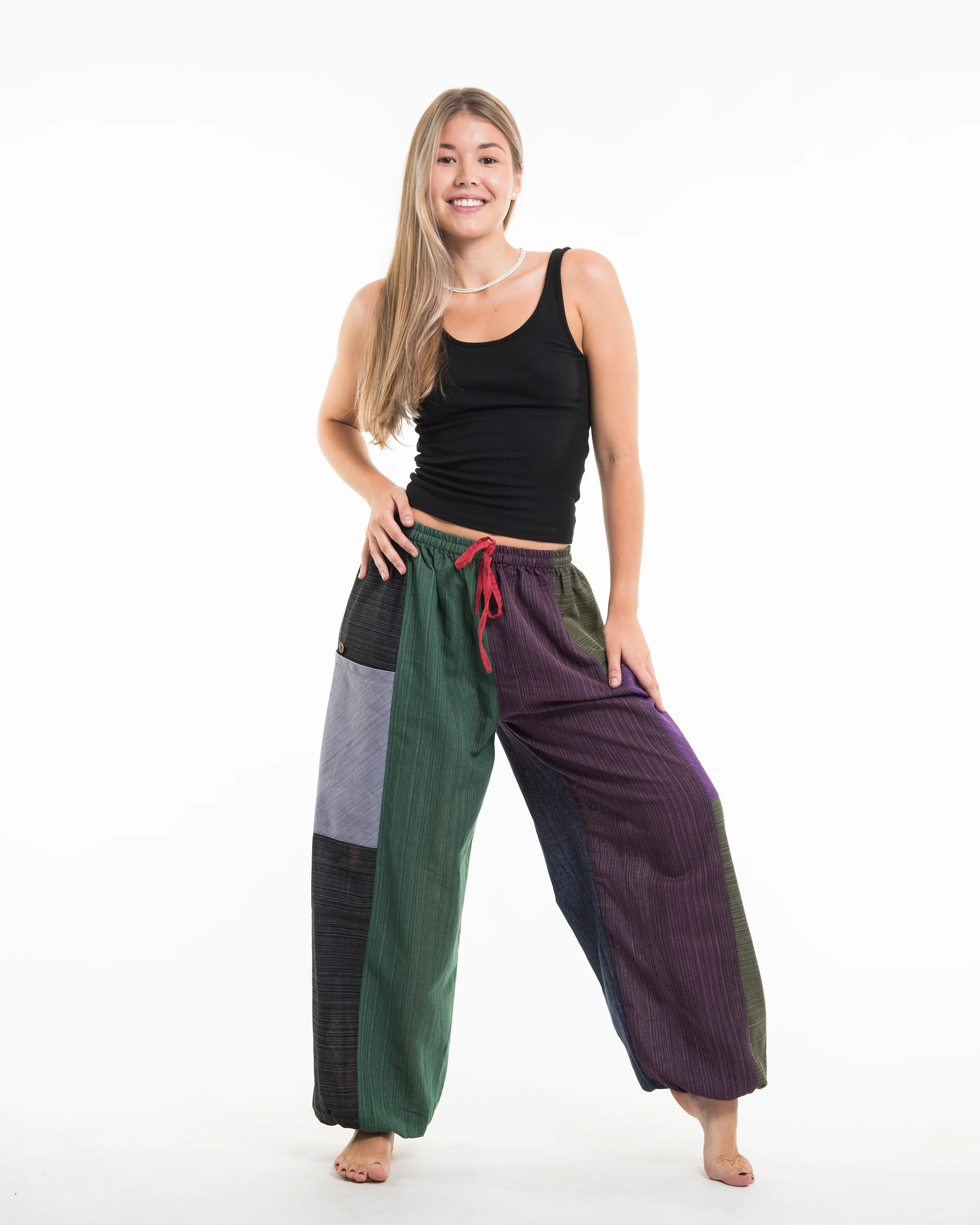 1237-Women-s-Drawstring-Patchwork-Pinstripes-Cotton-Pants-3.webp Women's Drawstring Patchwork Pinstripes Cotton Pants