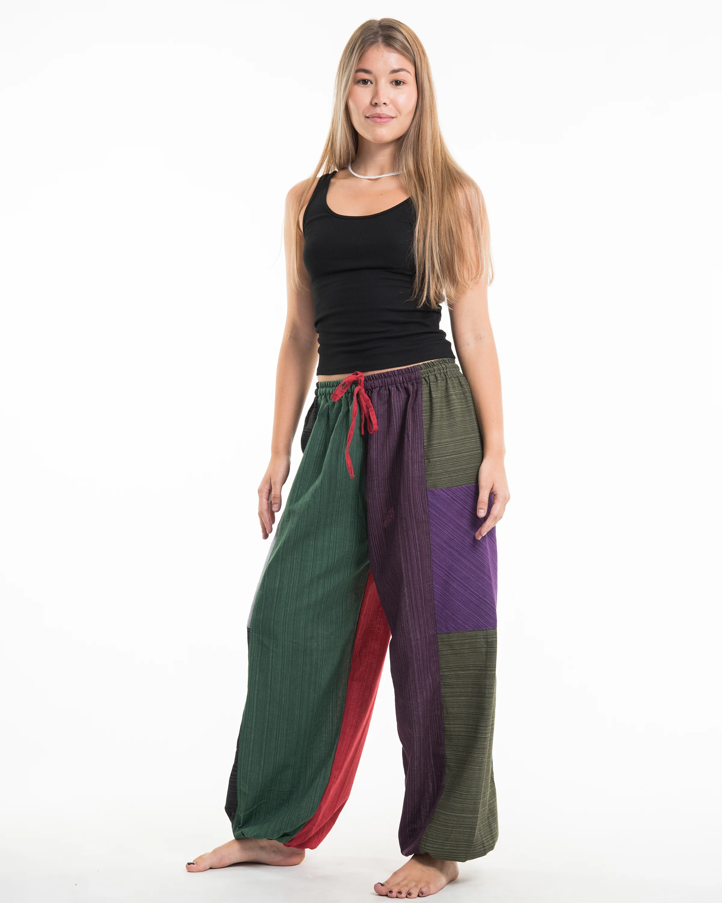 1237-Women-s-Drawstring-Patchwork-Pinstripes-Cotton-Pants-4.webp Women's Drawstring Patchwork Pinstripes Cotton Pants
