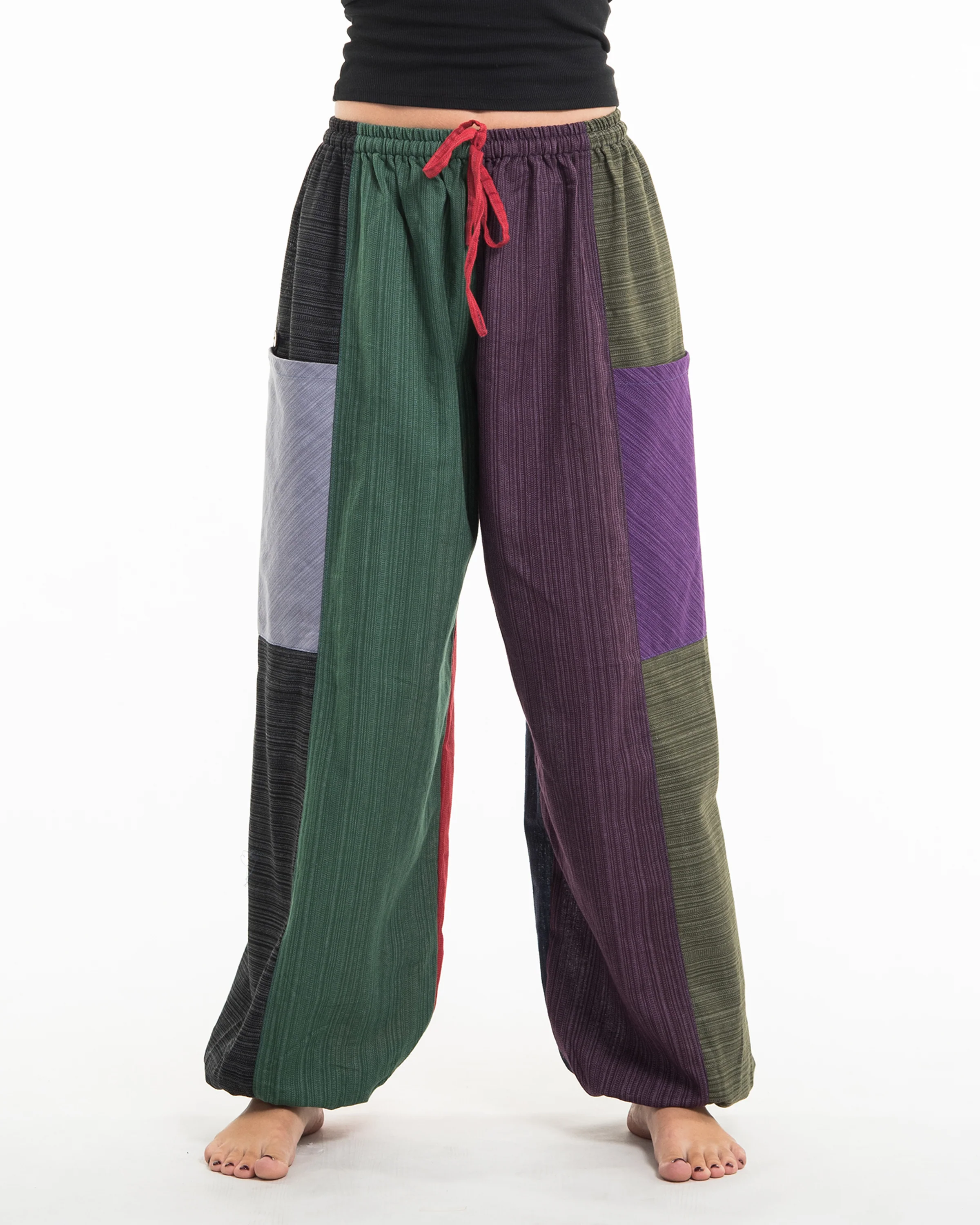 1237-Women-s-Drawstring-Patchwork-Pinstripes-Cotton-Pants-5.webp Women's Drawstring Patchwork Pinstripes Cotton Pants