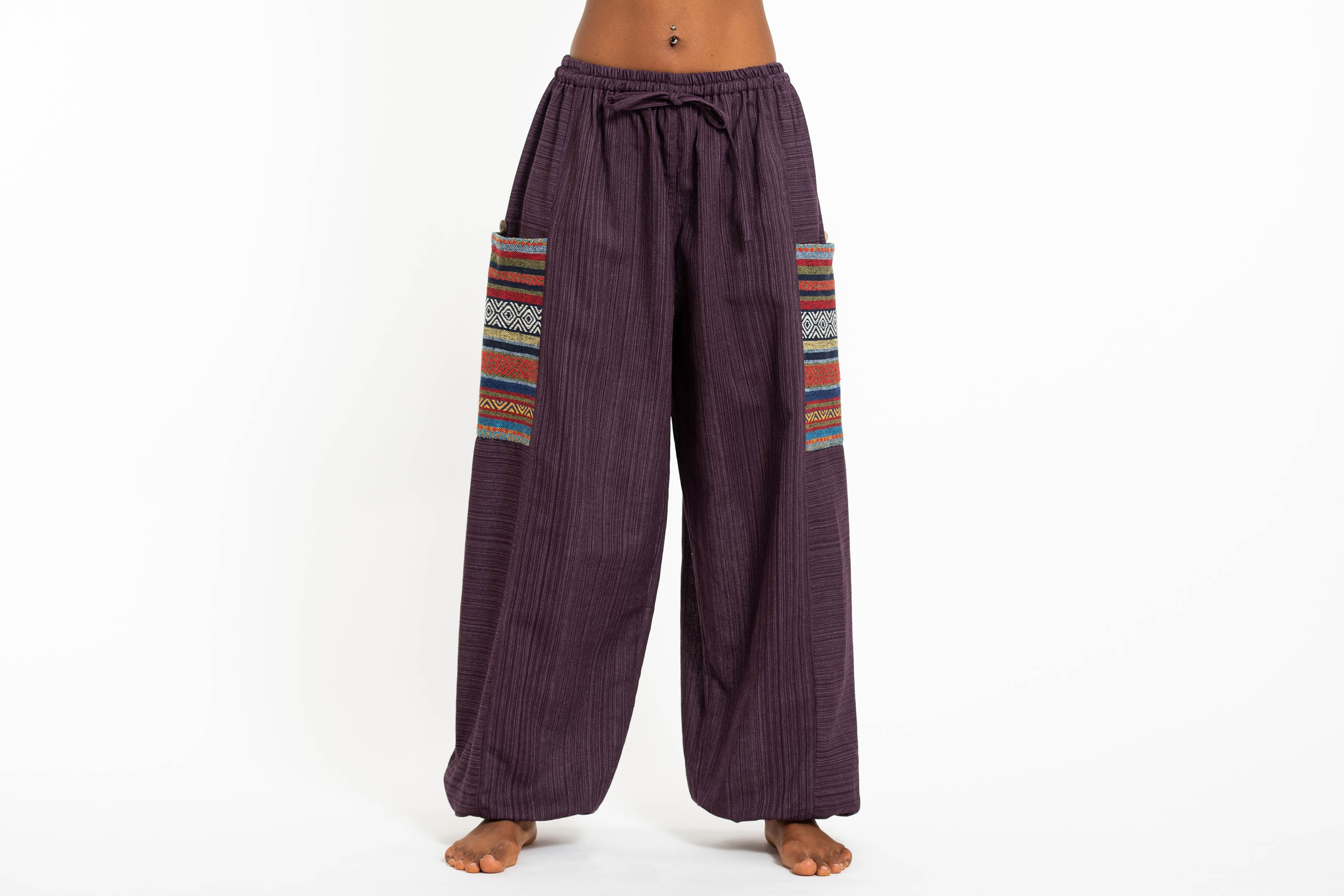 Women's Drawstring Pinstripes Cotton Pants with Aztec Pocket in Purple