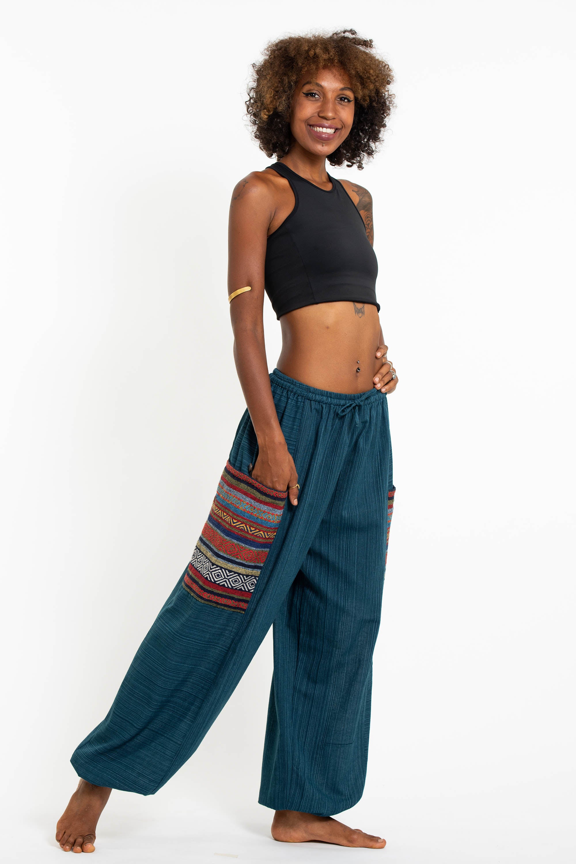 1248-Women-s-Drawstring-Pinstripes-Cotton-Pants-with-Aztec-Pocket-in-Turquoise-3.jpg Women's Drawstring Pinstripes Cotton Pants with Aztec Pocket in Turquoise
