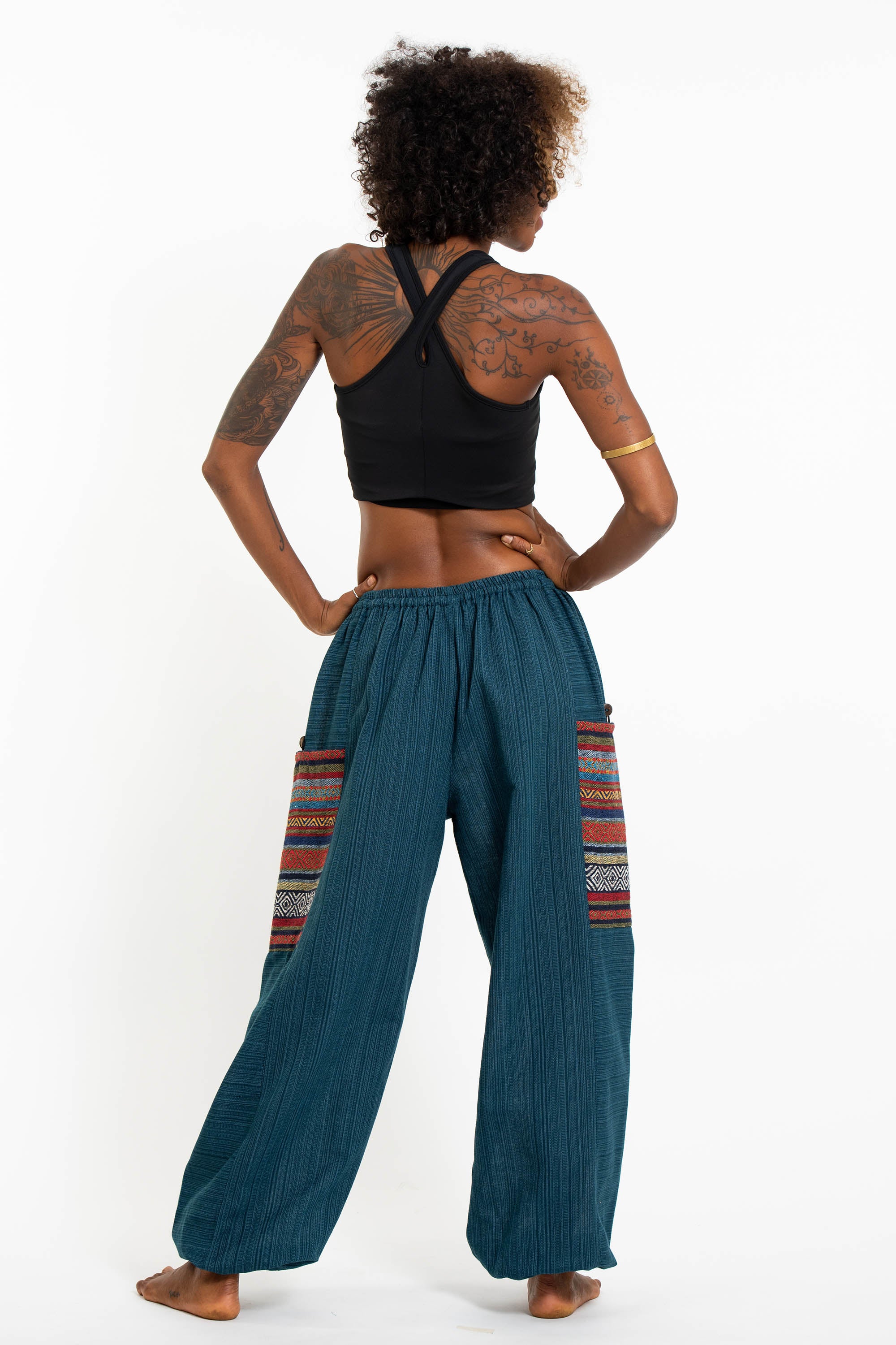 1248-Women-s-Drawstring-Pinstripes-Cotton-Pants-with-Aztec-Pocket-in-Turquoise-4.jpg Women's Drawstring Pinstripes Cotton Pants with Aztec Pocket in Turquoise
