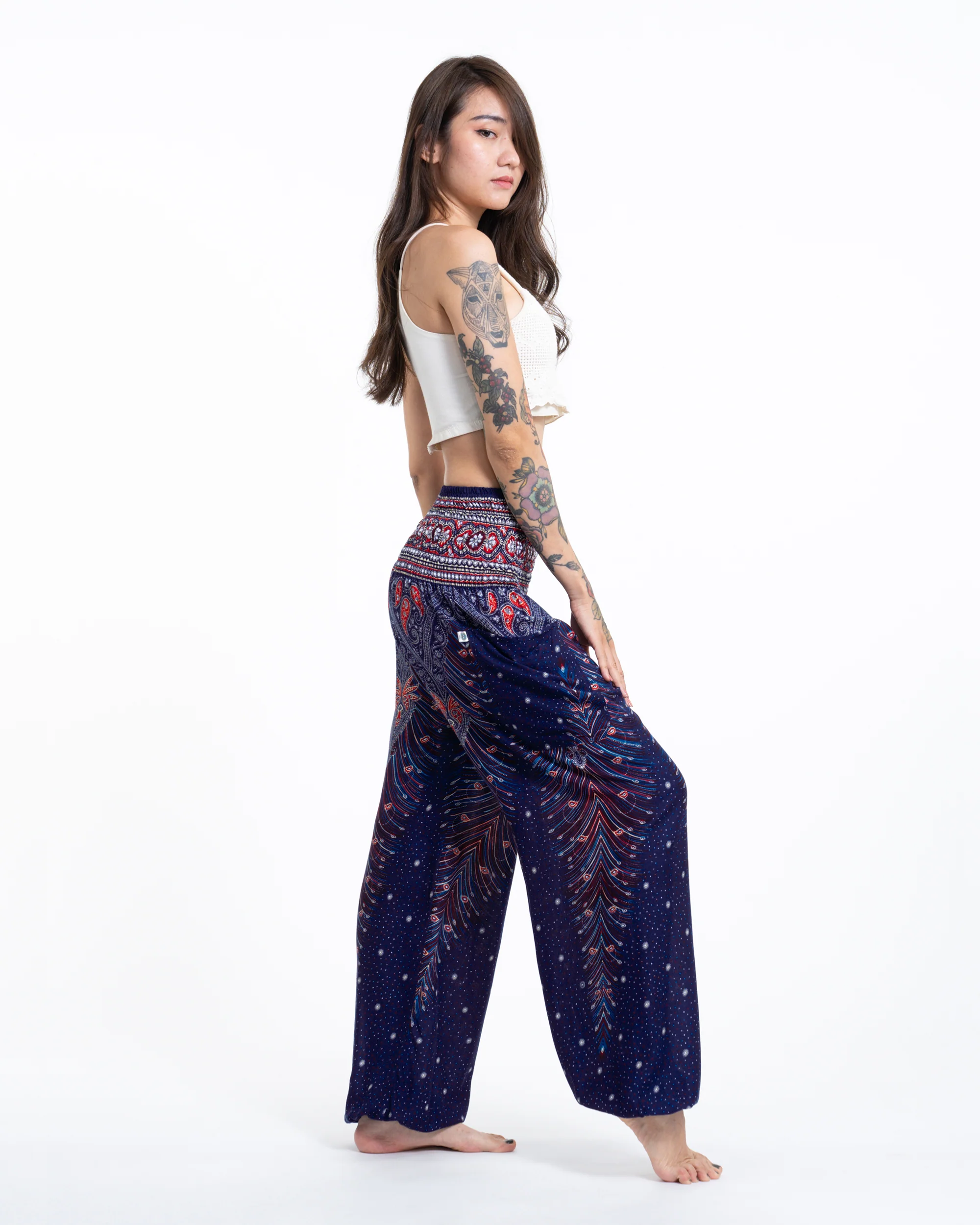 1254-Peacock-Feathers-Women-s-Harem-Pants-in-Blue-3.webp Peacock Feathers Women's Harem Pants in Blue