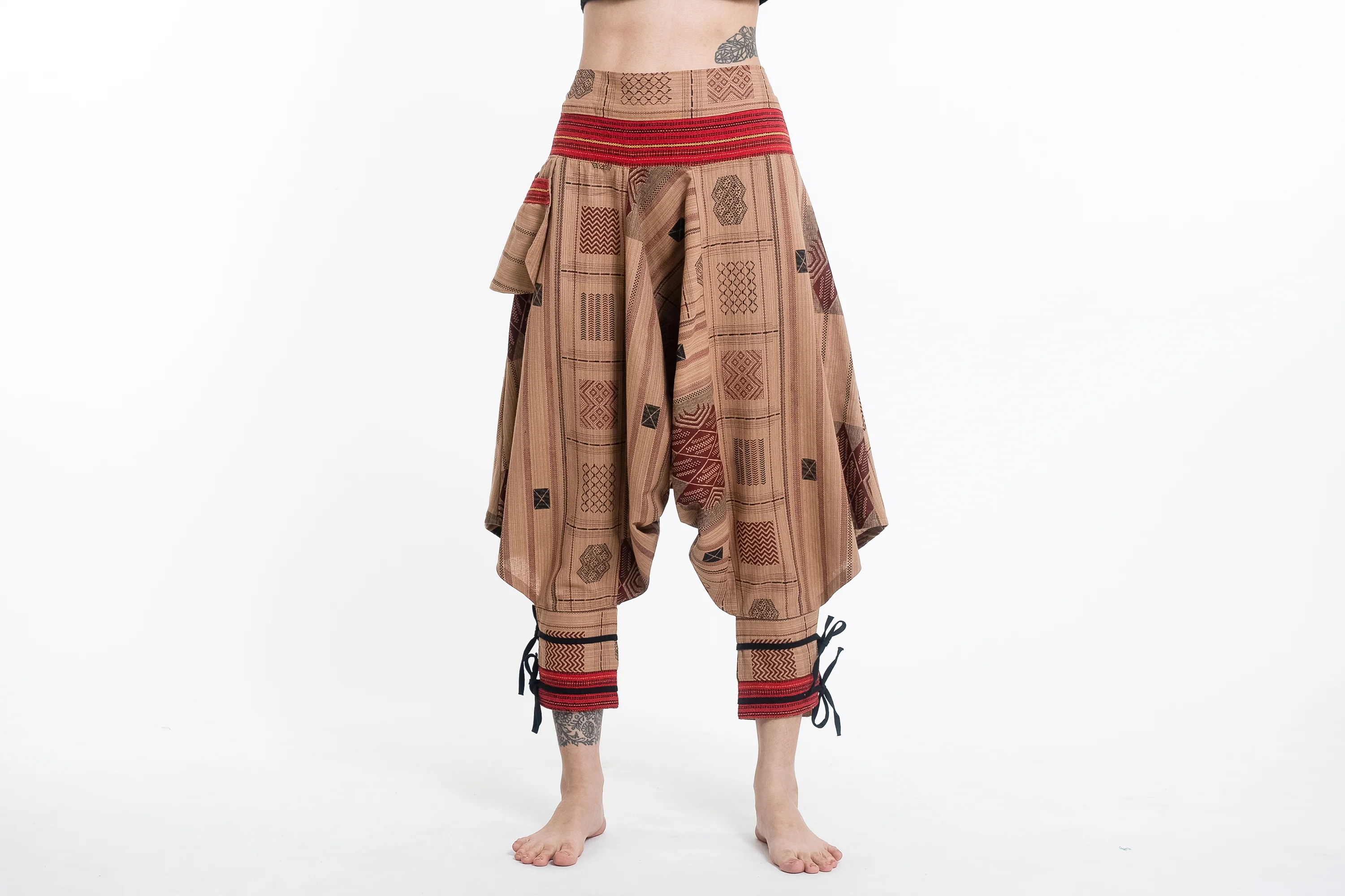 Thai Hill Tribe Fabric Women's Harem Pants with Ankle Straps in Beige