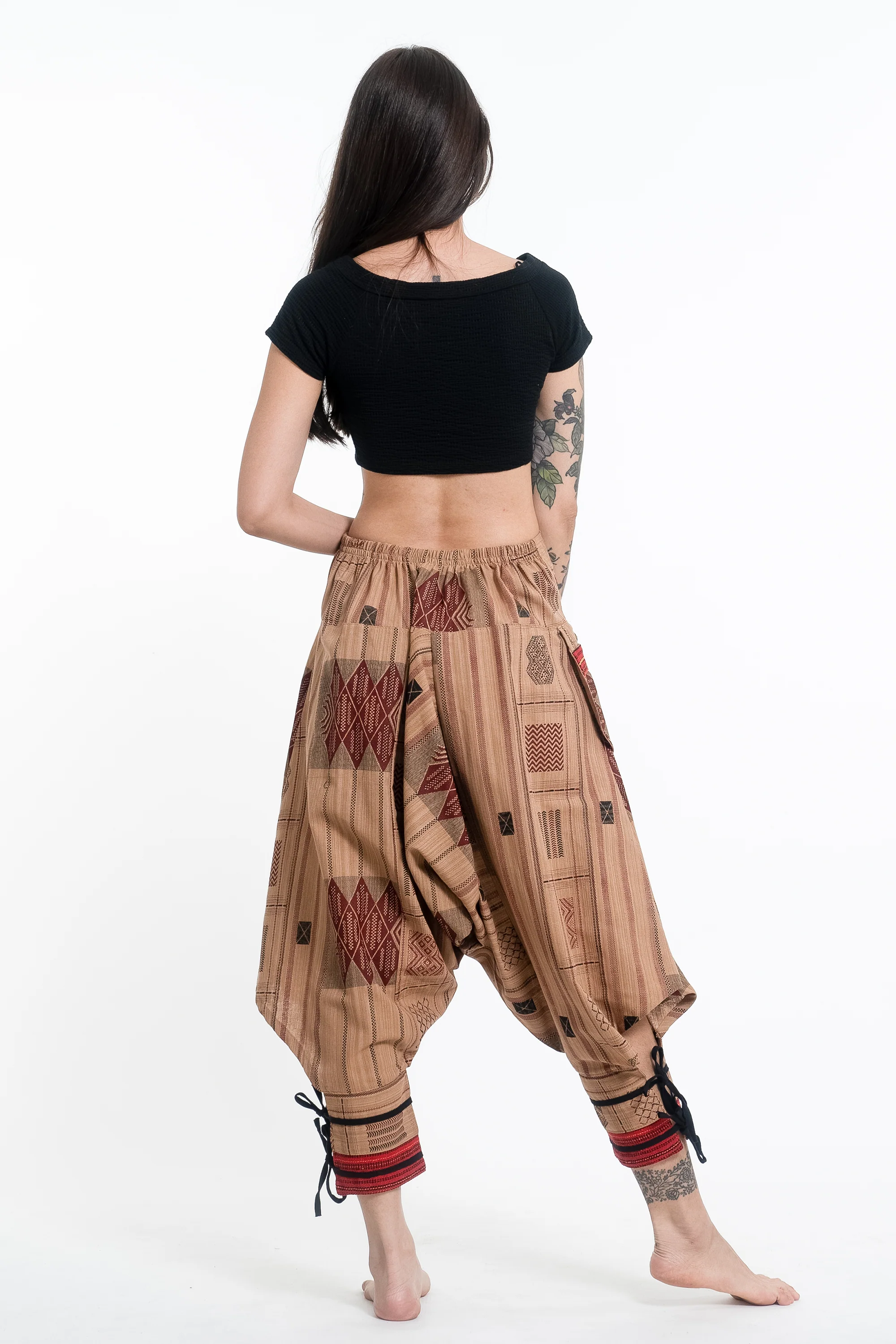1255-Thai-Hill-Tribe-Fabric-Women-s-Harem-Pants-with-Ankle-Straps-in-Beige-4.webp Thai Hill Tribe Fabric Women's Harem Pants with Ankle Straps in Beige