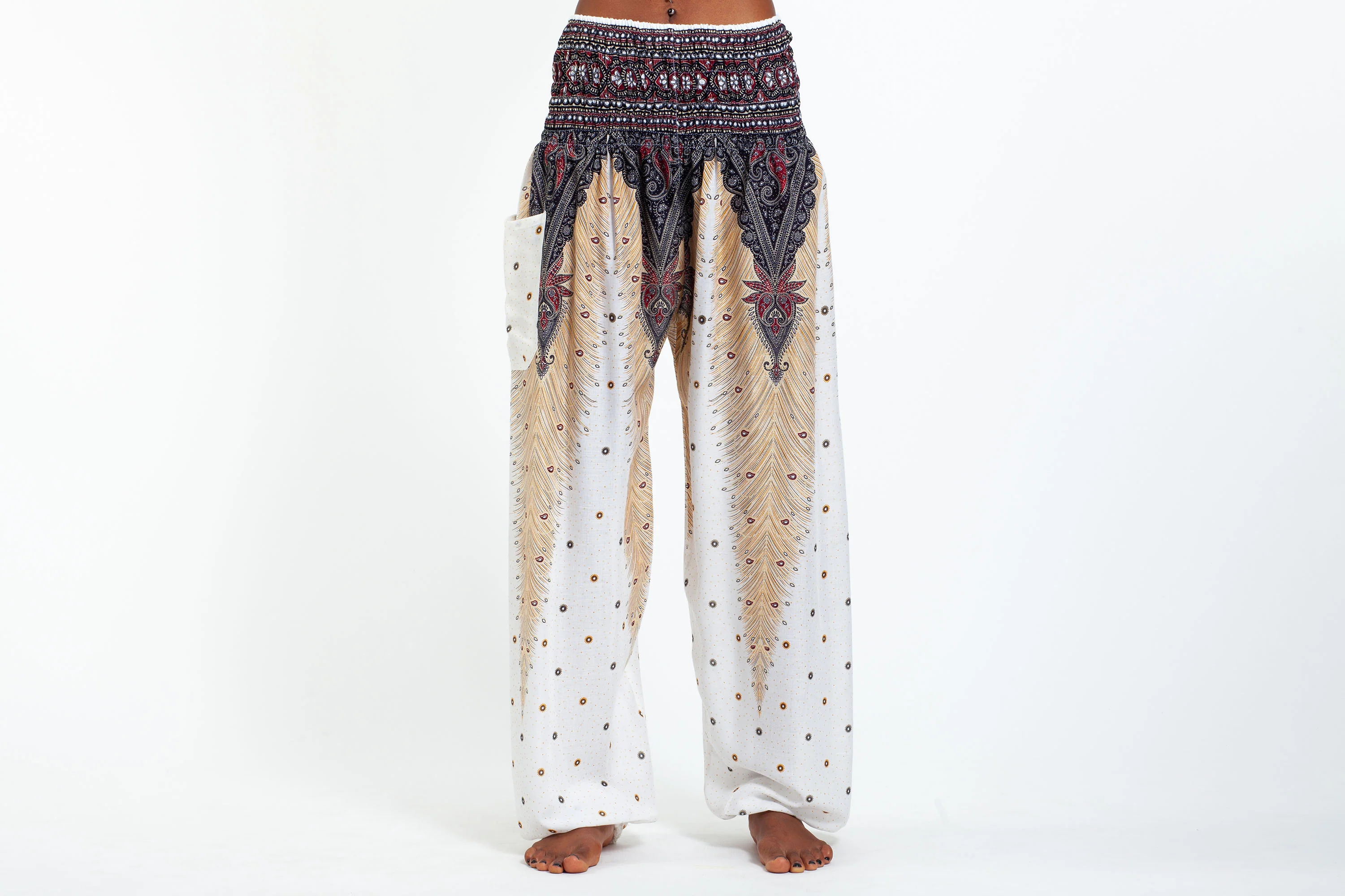 1272-Peacock-Feathers-Women-s-Harem-Pants-in-White-2.webp Peacock Feathers Women's Harem Pants in White