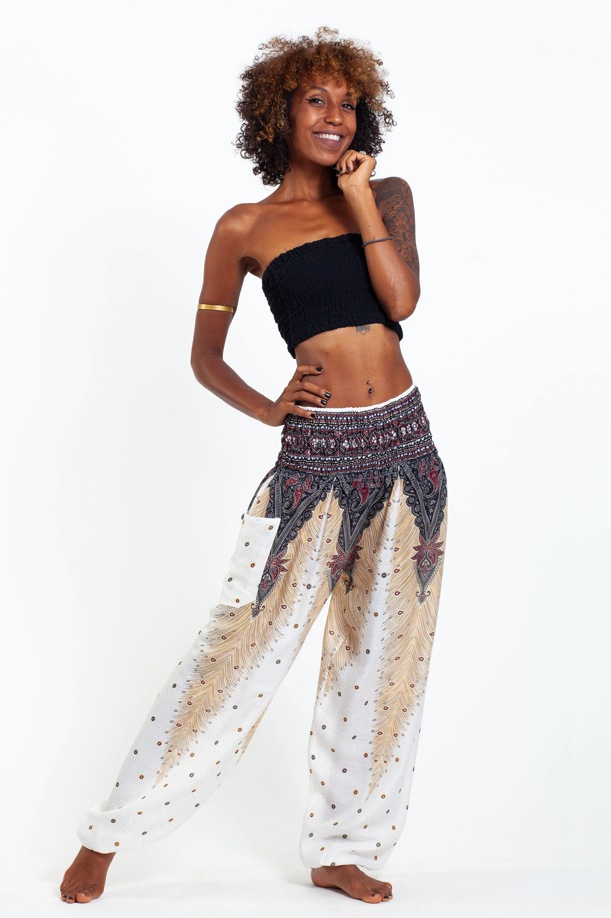 1272-Peacock-Feathers-Women-s-Harem-Pants-in-White-3.webp Peacock Feathers Women's Harem Pants in White