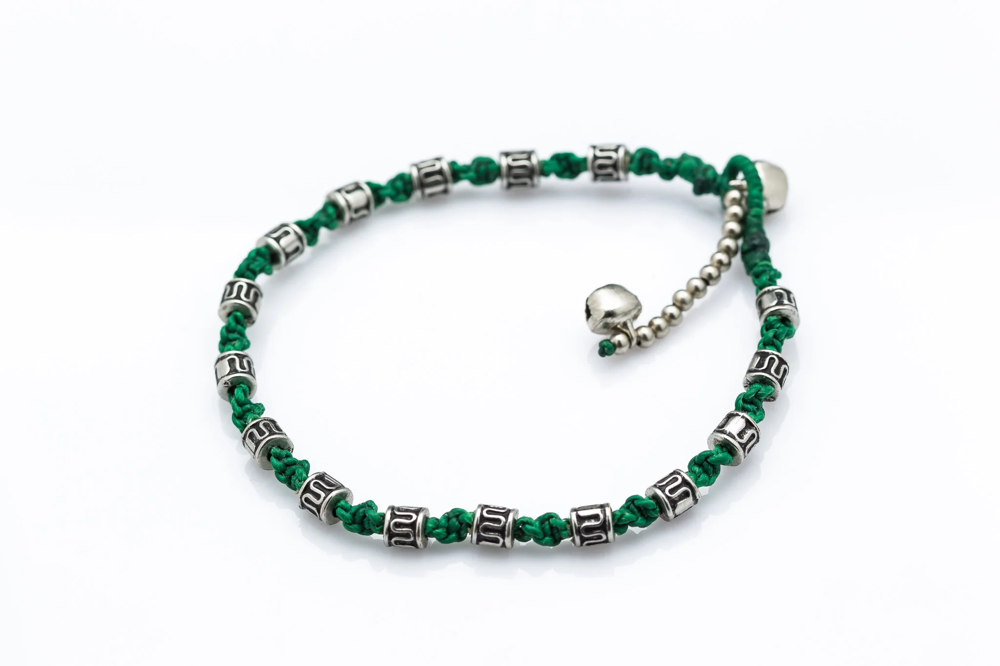 Hand Made Fair Trade Anklet Waxed Cotton Silver Beads Green