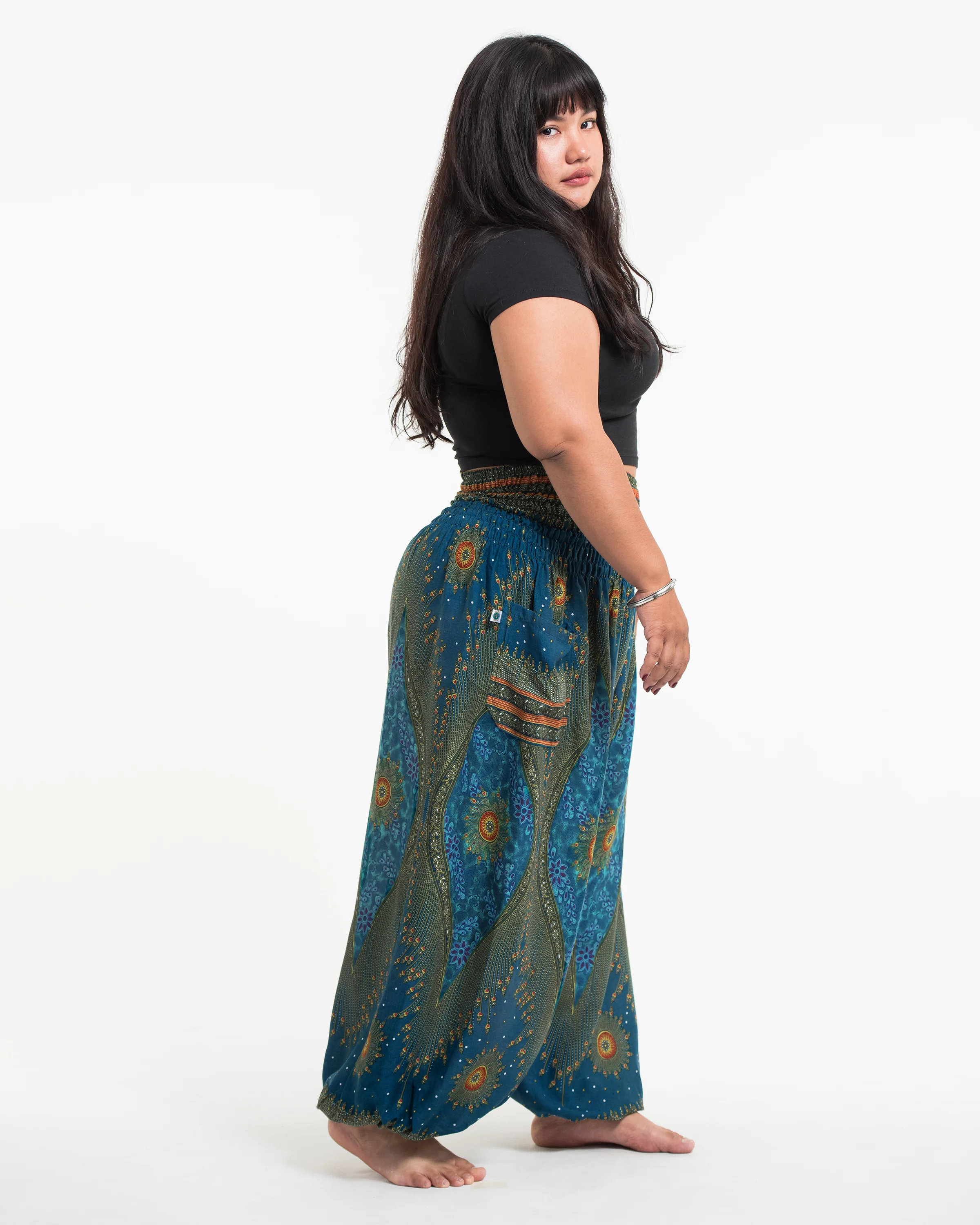 Plus Size Peacock Eye Women's Harem Pants in Turquoise