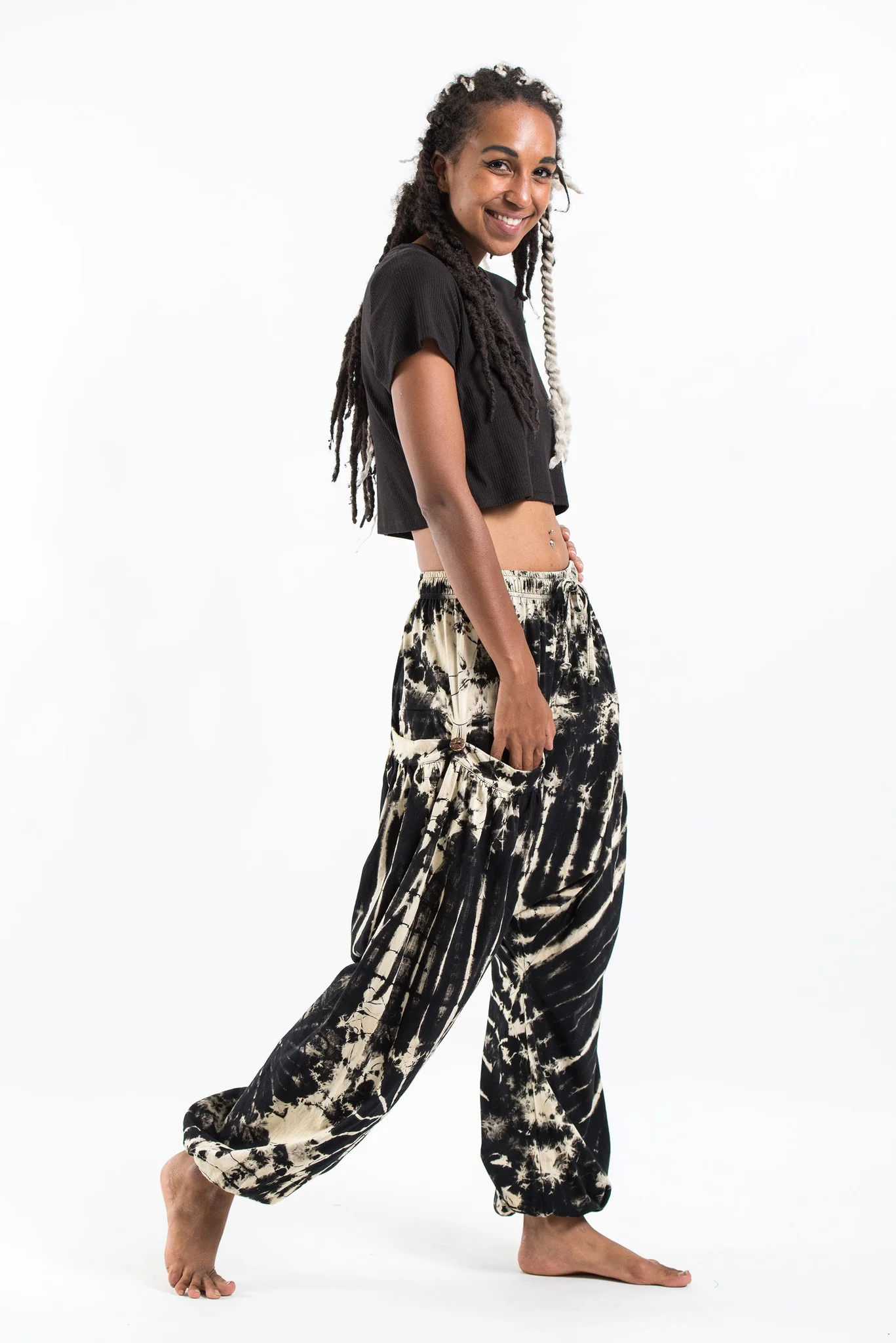 1291-Tie-Dye-Cotton-Women-Harem-Pants-in-Black-White-3.webp Tie Dye Cotton Women Harem Pants in Black White