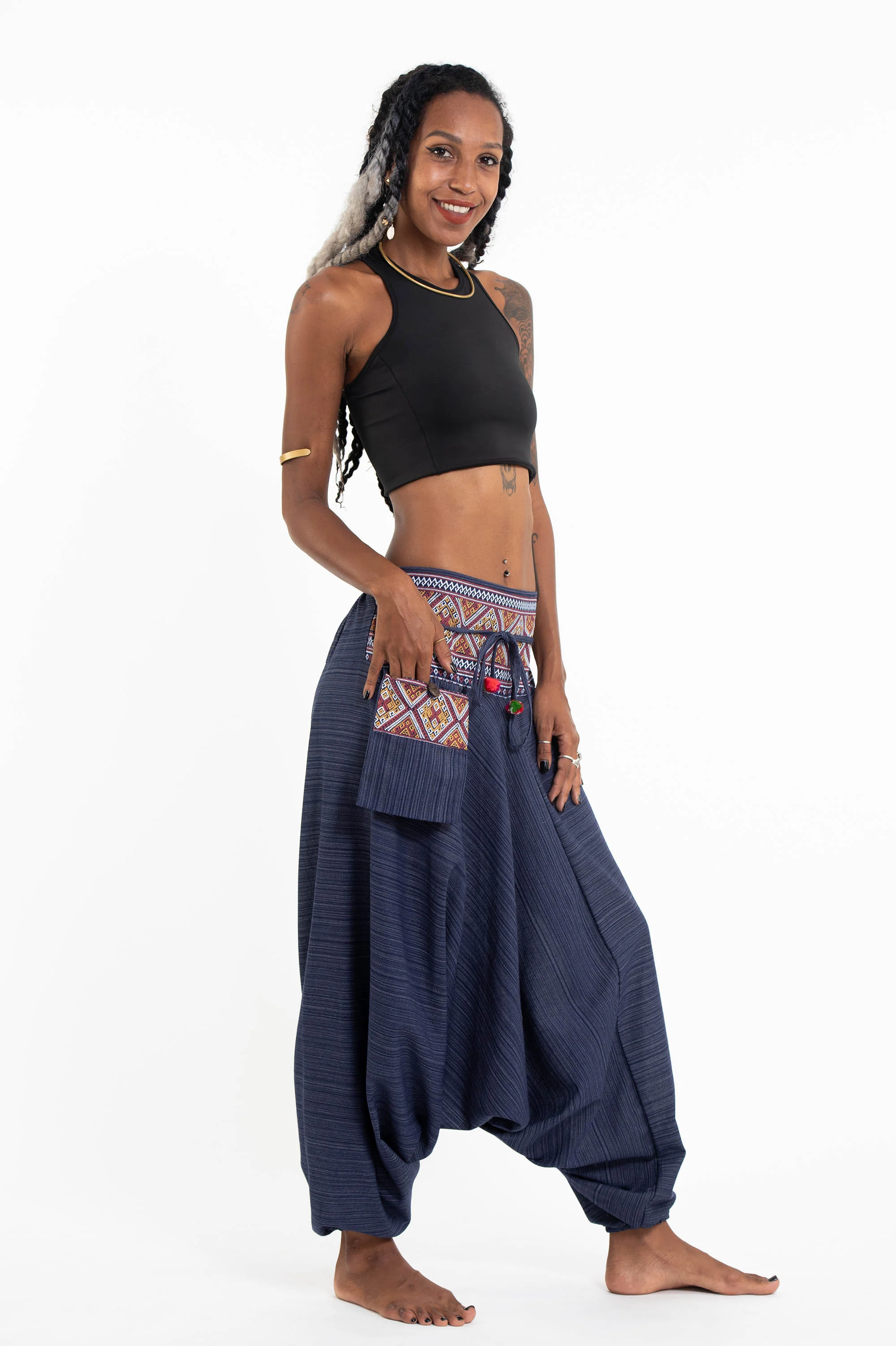 1297-Pinstripe-Cotton-Low-Cut-Women-s-Harem-Pants-With-Hill-Tribe-Trim-Navy-3.webp Pinstripe Cotton Low Cut Women's Harem Pants With Hill Tribe Trim Navy
