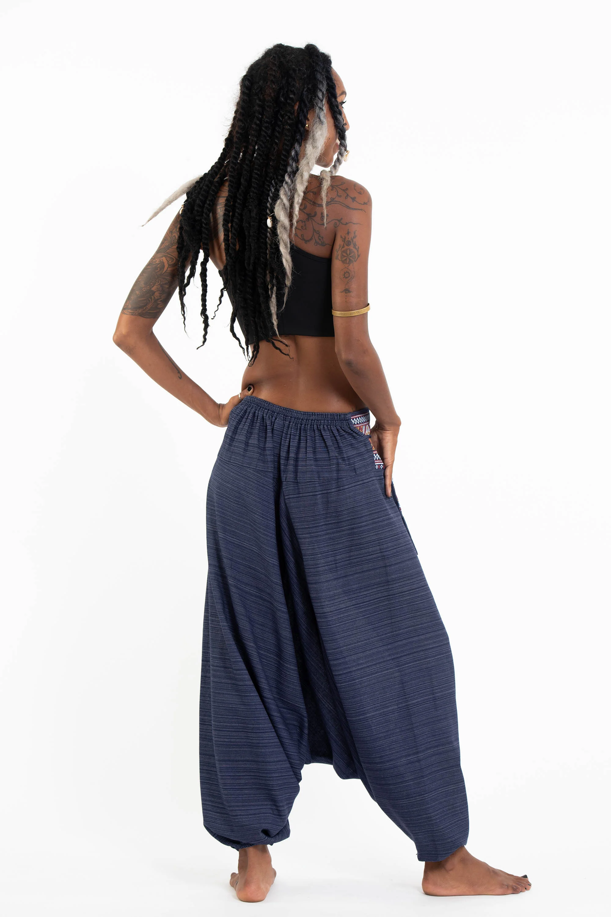 1297-Pinstripe-Cotton-Low-Cut-Women-s-Harem-Pants-With-Hill-Tribe-Trim-Navy-4.webp Pinstripe Cotton Low Cut Women's Harem Pants With Hill Tribe Trim Navy