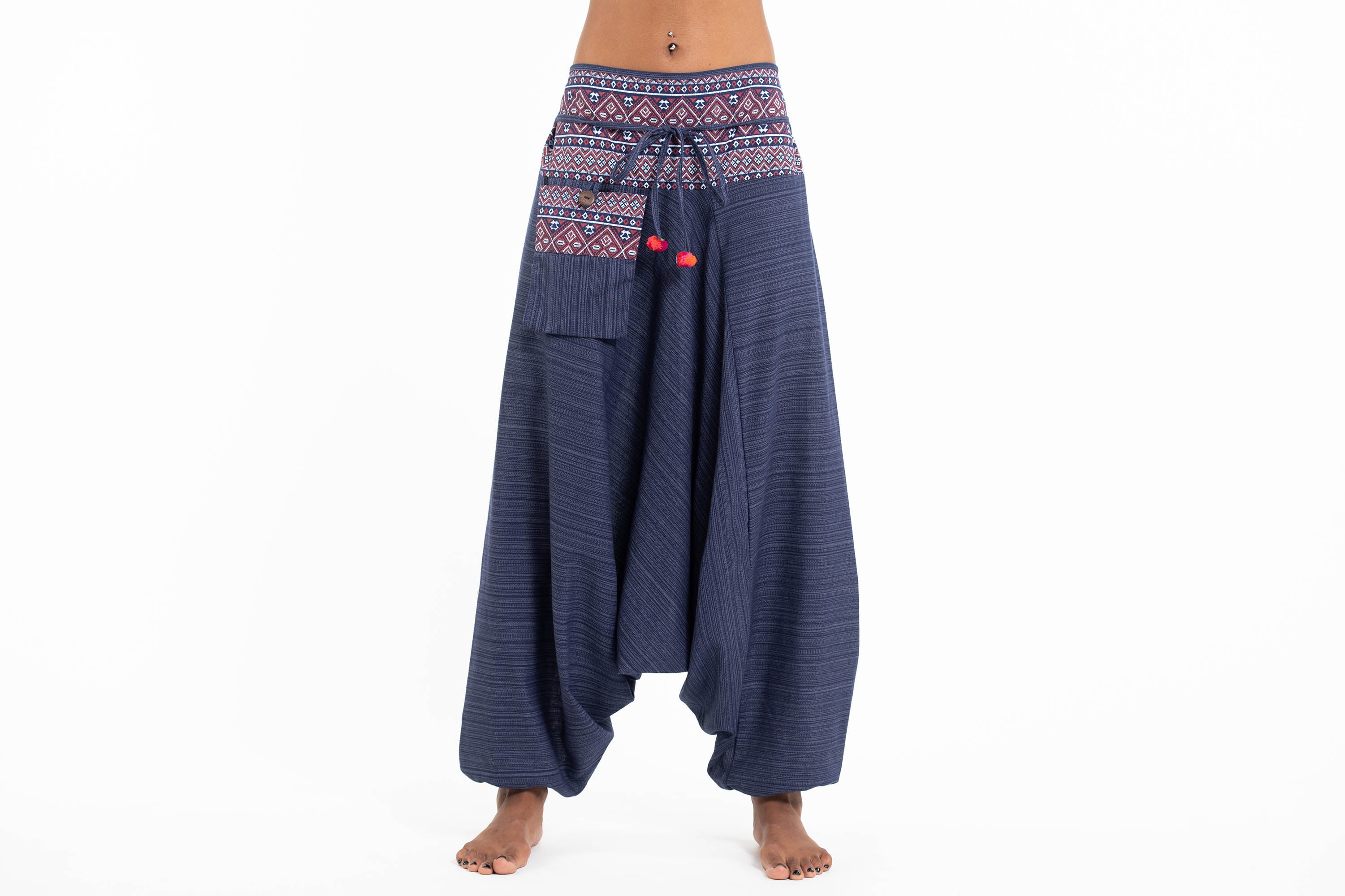 1297-Pinstripe-Cotton-Low-Cut-Women-s-Harem-Pants-With-Hill-Tribe-Trim-Navy-5.jpg Pinstripe Cotton Low Cut Women's Harem Pants With Hill Tribe Trim Navy