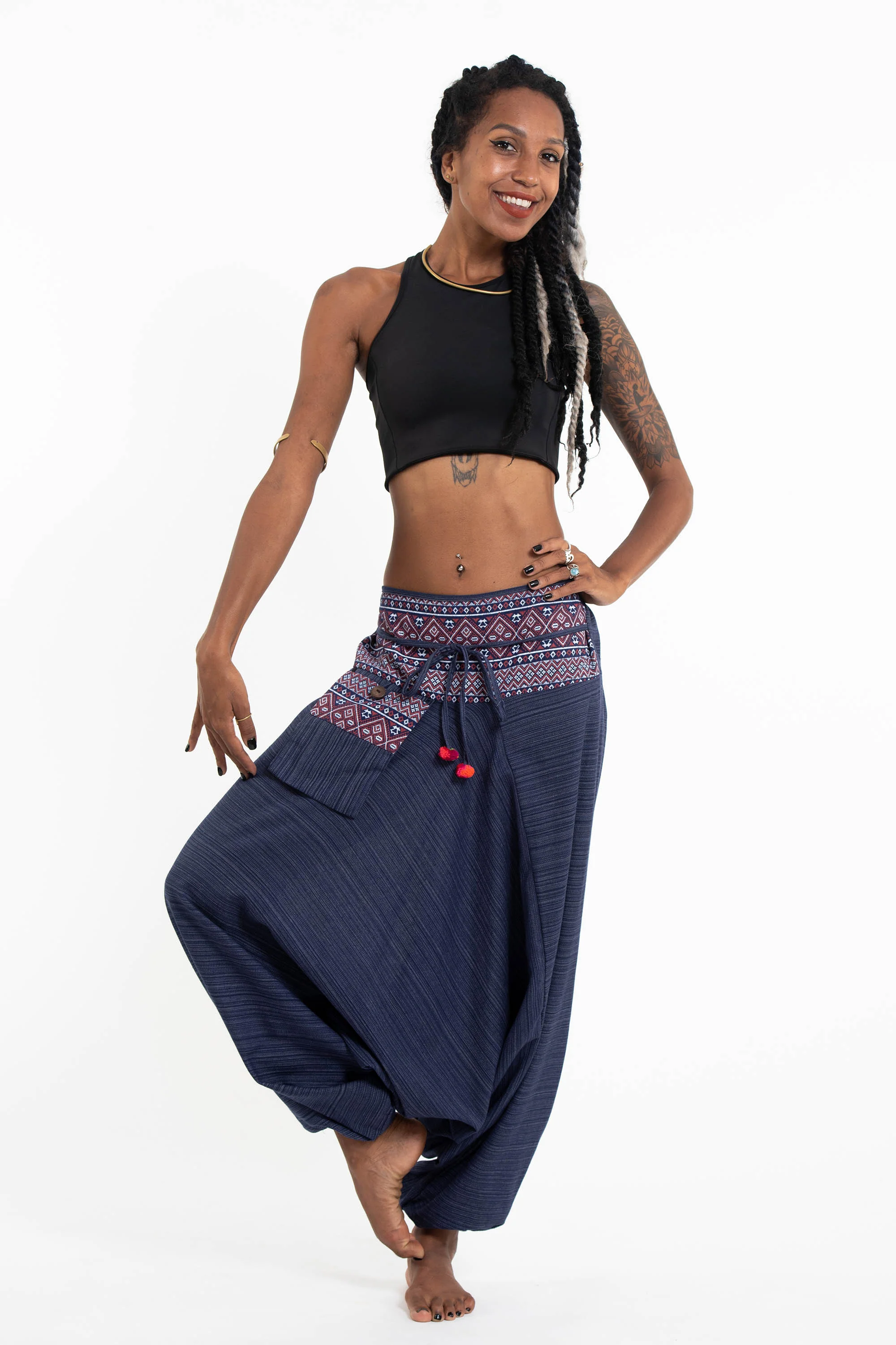 1297-Pinstripe-Cotton-Low-Cut-Women-s-Harem-Pants-With-Hill-Tribe-Trim-Navy-6.webp Pinstripe Cotton Low Cut Women's Harem Pants With Hill Tribe Trim Navy