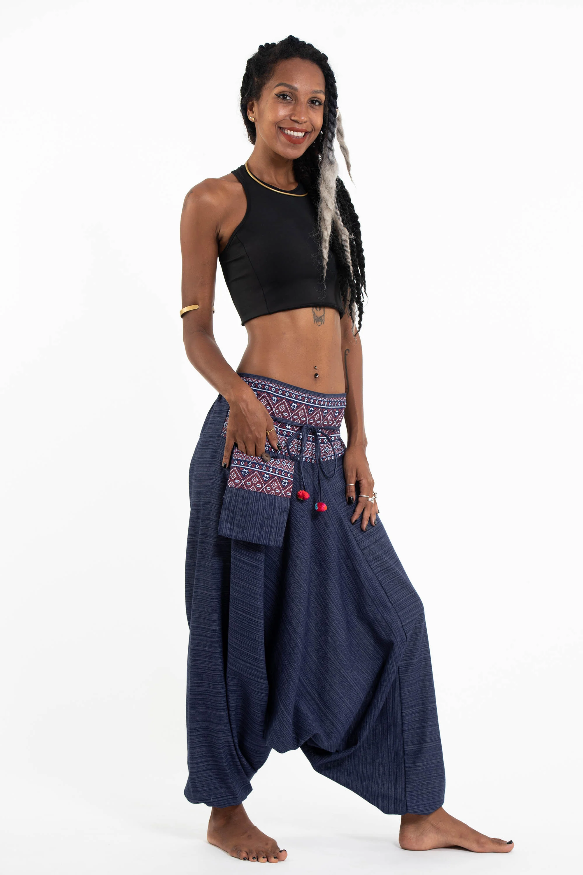 1297-Pinstripe-Cotton-Low-Cut-Women-s-Harem-Pants-With-Hill-Tribe-Trim-Navy-7.webp Pinstripe Cotton Low Cut Women's Harem Pants With Hill Tribe Trim Navy