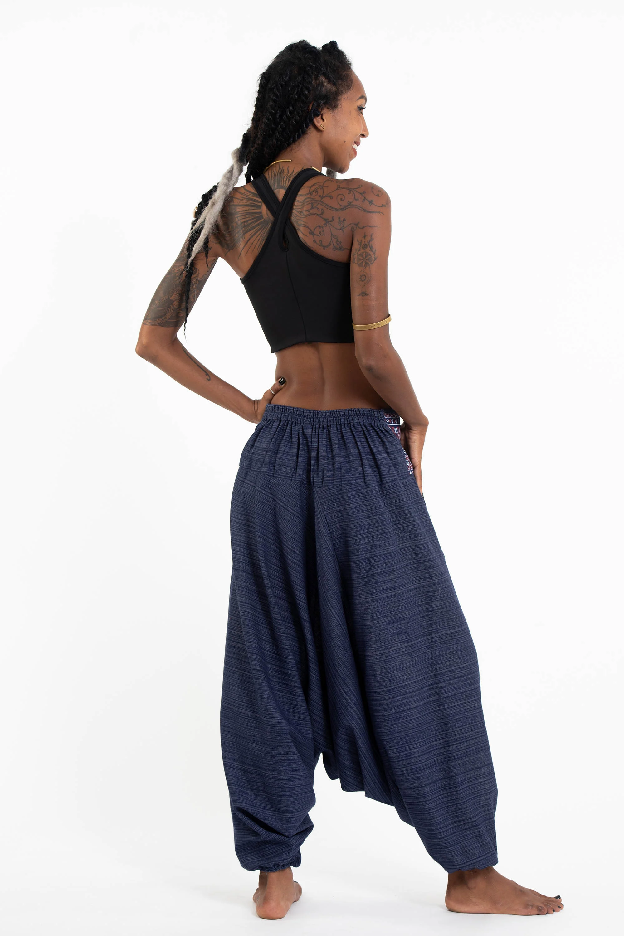1297-Pinstripe-Cotton-Low-Cut-Women-s-Harem-Pants-With-Hill-Tribe-Trim-Navy-8.webp Pinstripe Cotton Low Cut Women's Harem Pants With Hill Tribe Trim Navy