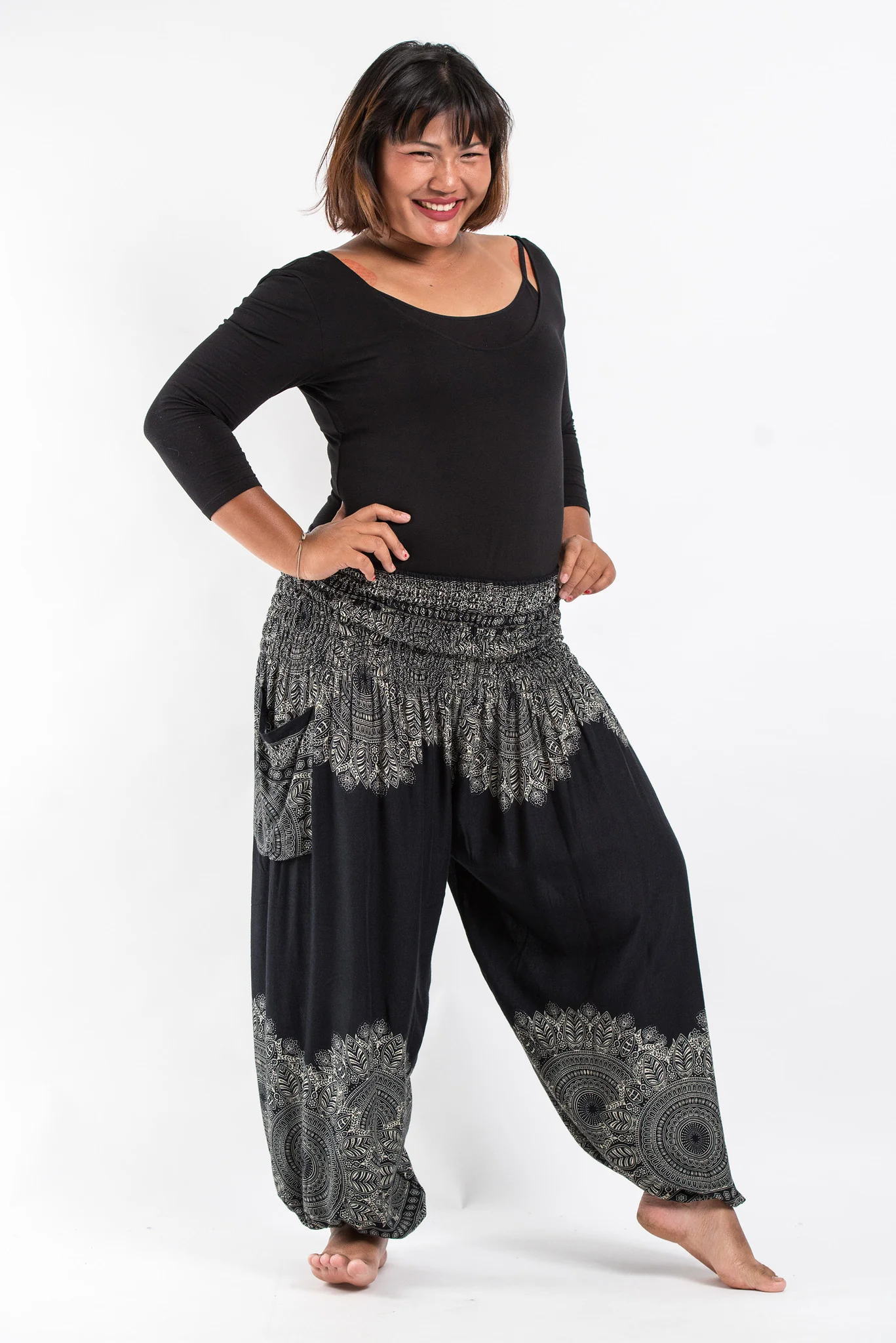 Plus Size Floral Mandalas Women's Harem Pants in Black