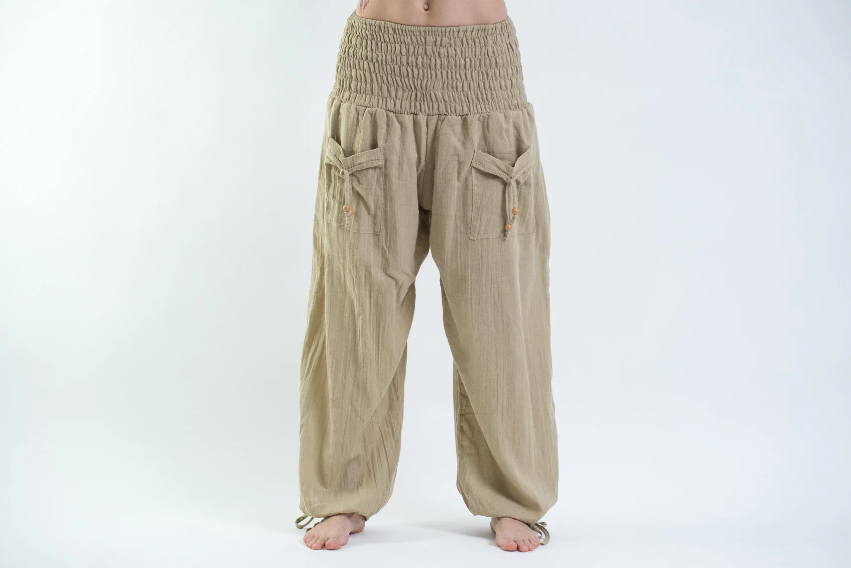 Women's Thai Smocked Waist Cotton Pants in Tan