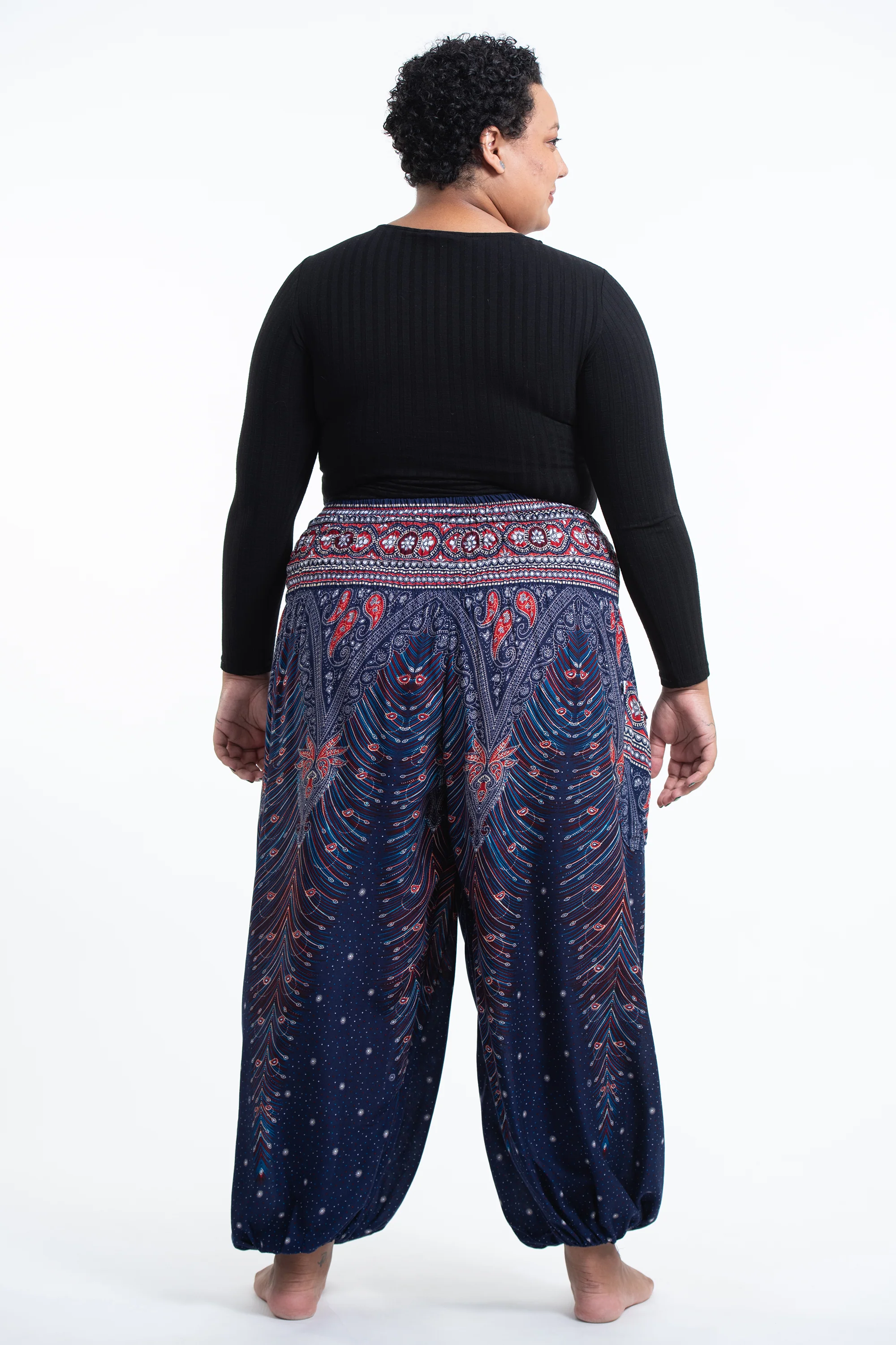 1314-Plus-Size-Peacock-Feathers-Women-s-Harem-Pants-in-Blue-4.webp Plus Size Peacock Feathers Women's Harem Pants in Blue