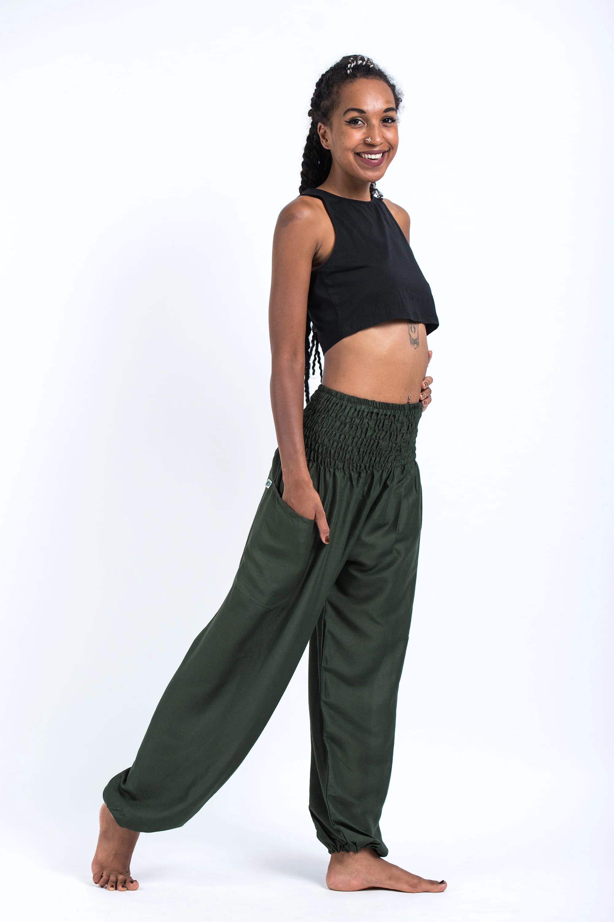 1317-Solid-Color-Women-s-Harem-Pants-in-Dark-Green-3.webp Solid Color Women's Harem Pants in Dark Green