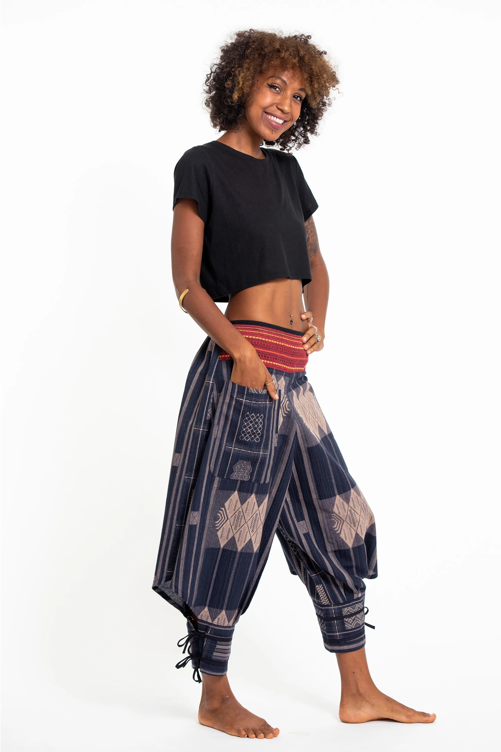 1328-Thai-Hill-Tribe-Fabric-Women-s-Harem-Pants-with-Ankle-Straps-in-Artisan-Blue-3.webp Thai Hill Tribe Fabric Women's Harem Pants with Ankle Straps in Artisan Blue