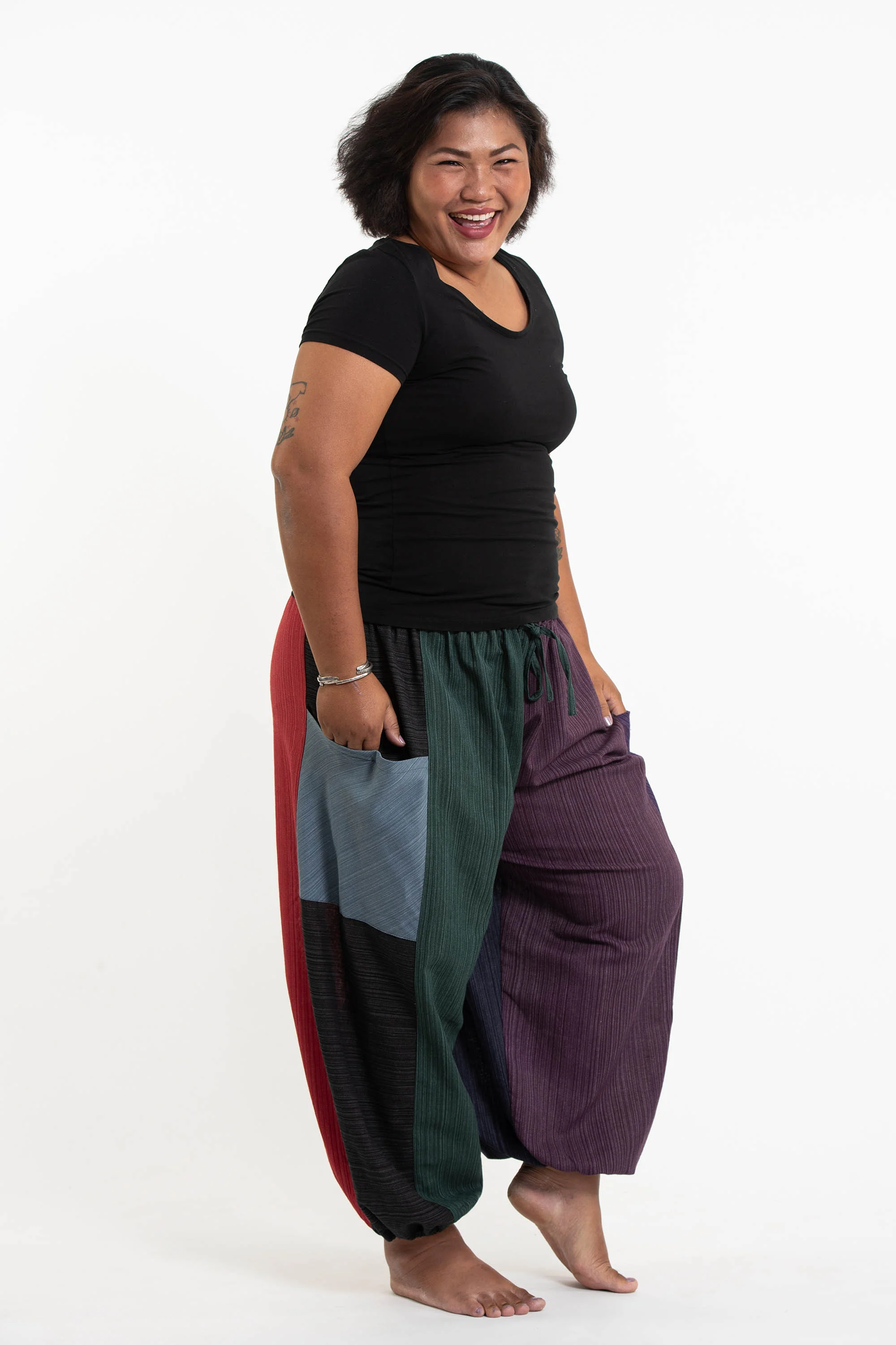 1330-Plus-Size-Women-s-Drawstring-Patchwork-Pinstripes-Cotton-Pants-3.webp Plus Size Women's Drawstring Patchwork Pinstripes Cotton Pants