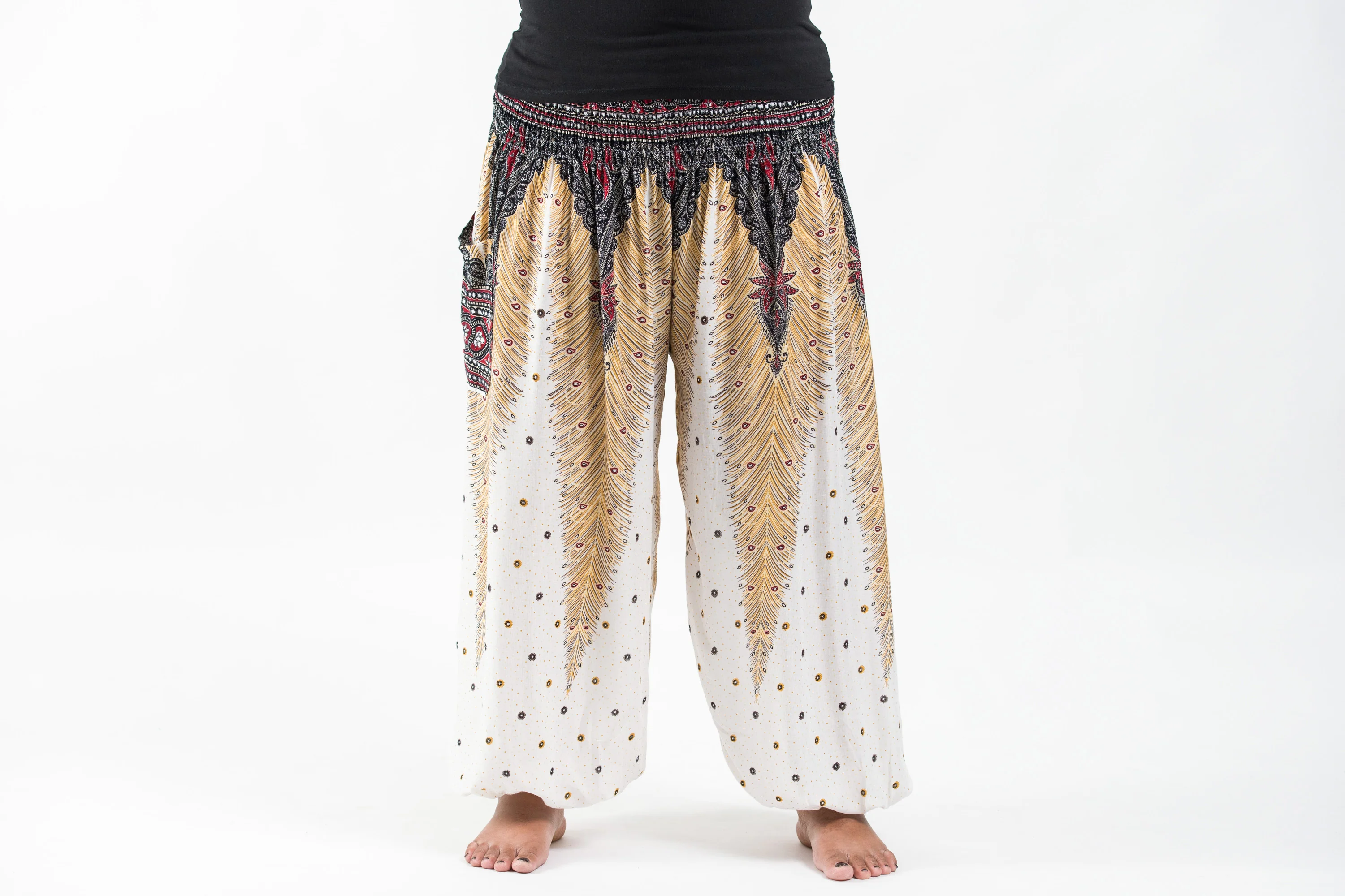 1340-Plus-Size-Peacock-Feathers-Women-s-Harem-Pants-in-White-2.webp Plus Size Peacock Feathers Women's Harem Pants in White