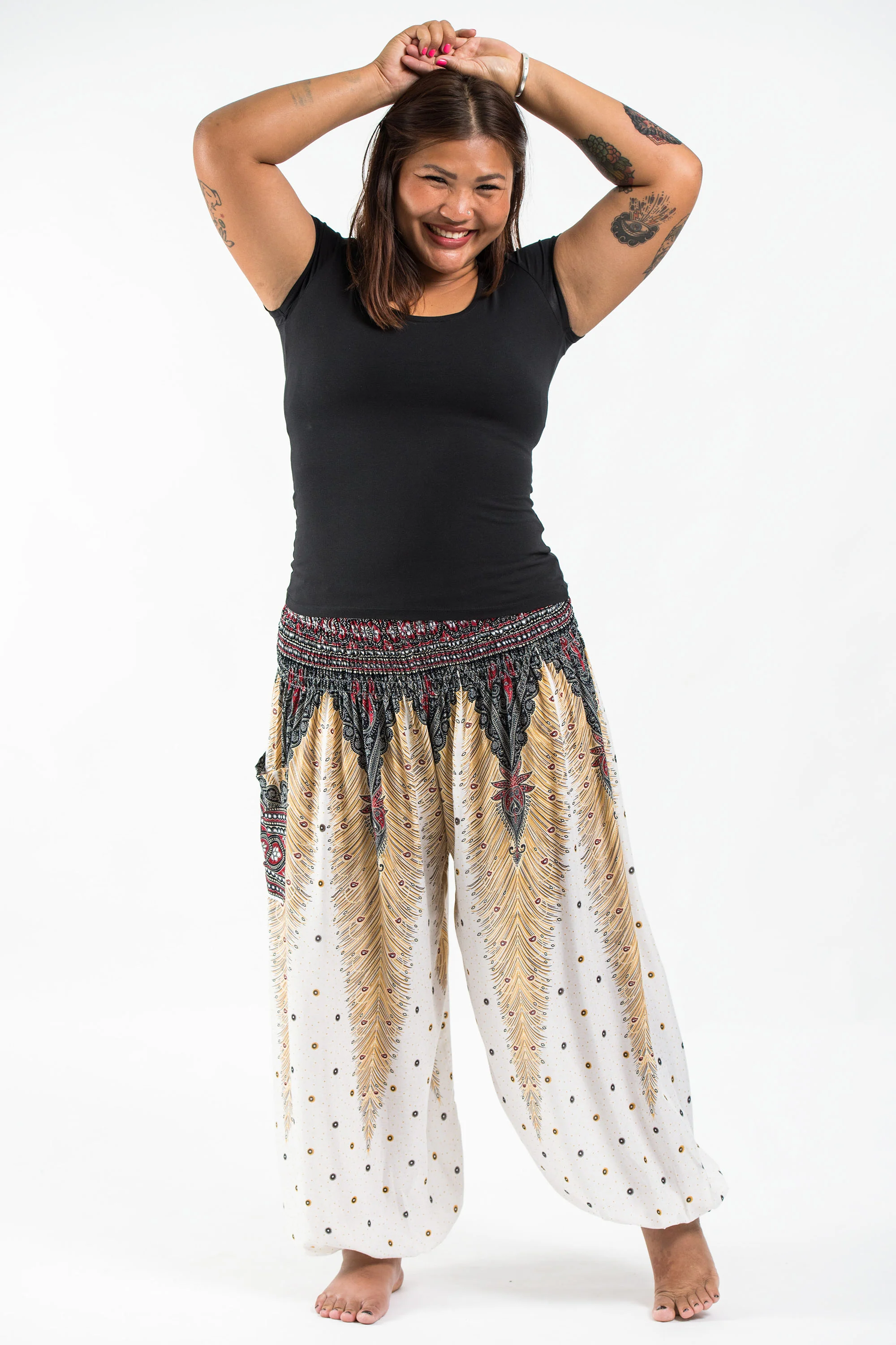 1340-Plus-Size-Peacock-Feathers-Women-s-Harem-Pants-in-White-3.webp Plus Size Peacock Feathers Women's Harem Pants in White