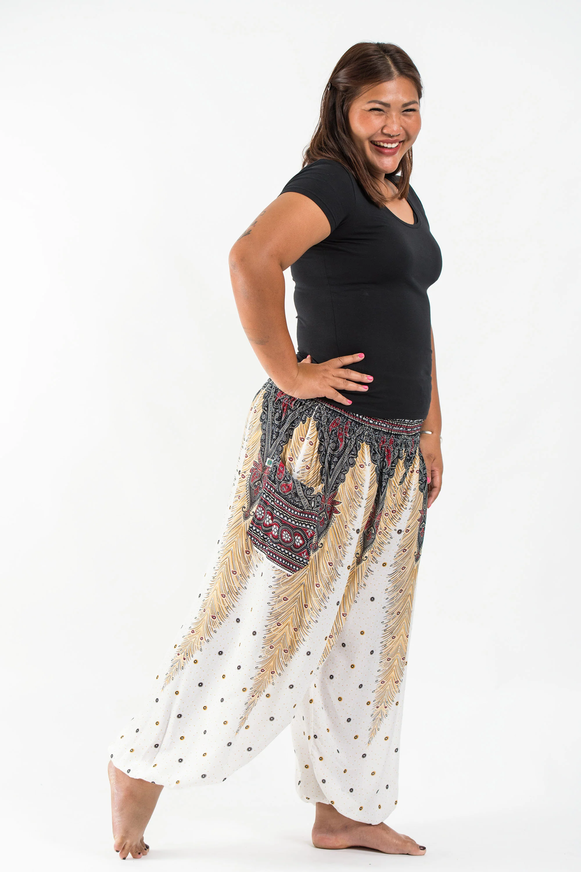 1340-Plus-Size-Peacock-Feathers-Women-s-Harem-Pants-in-White-4.webp Plus Size Peacock Feathers Women's Harem Pants in White