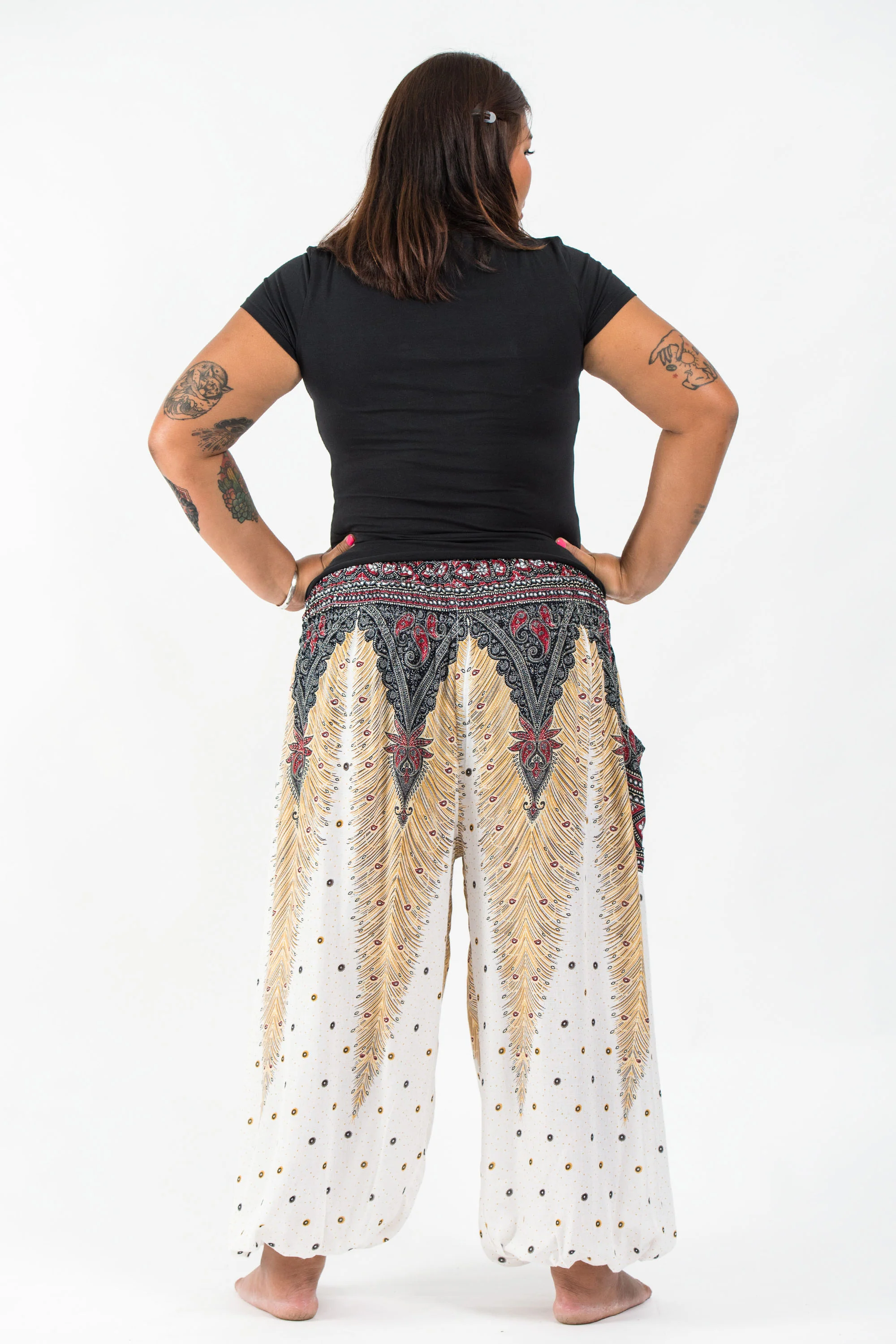 1340-Plus-Size-Peacock-Feathers-Women-s-Harem-Pants-in-White-5.webp Plus Size Peacock Feathers Women's Harem Pants in White