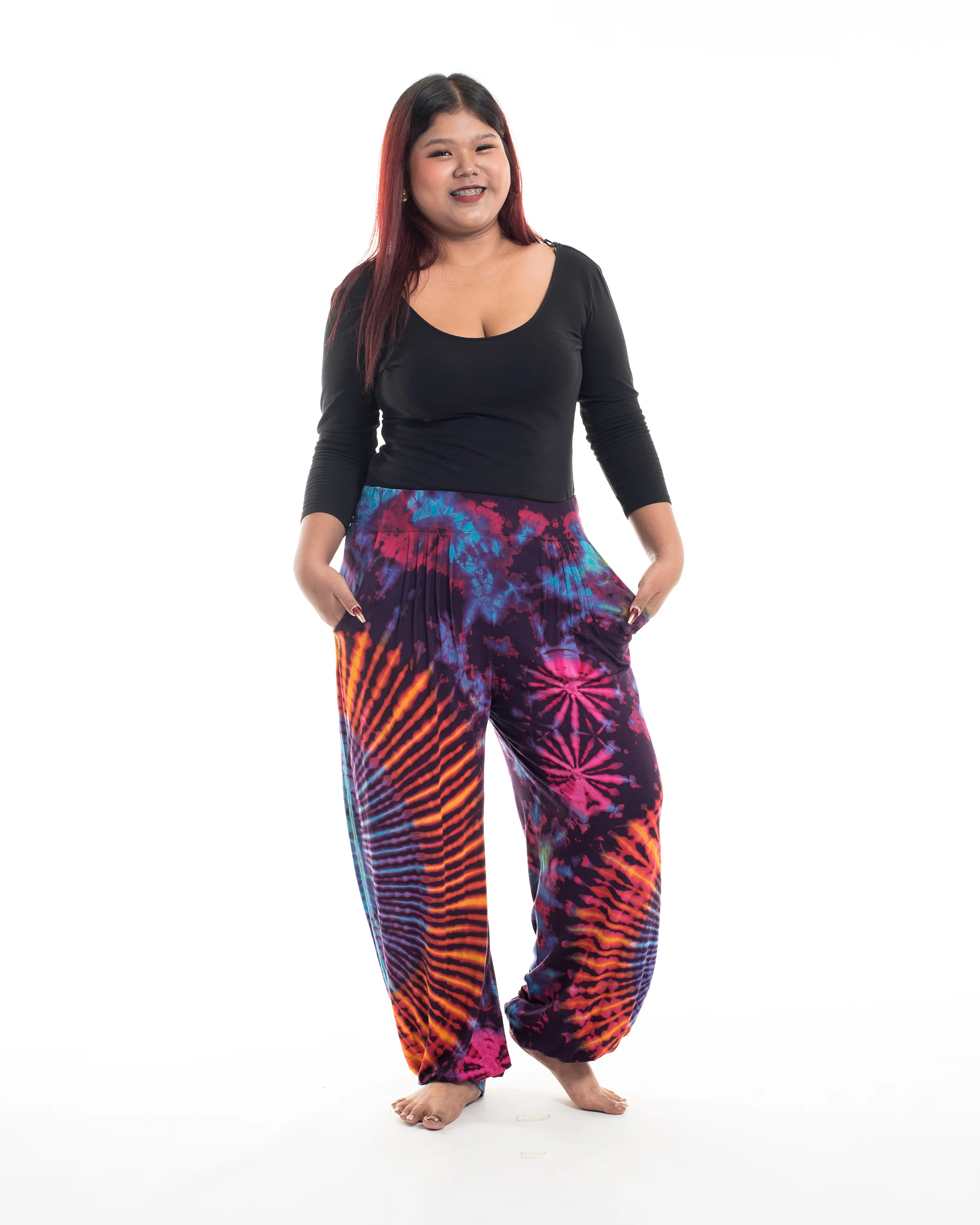 Plus Size Tie Dye Cotton Women Harem Pants in Purple