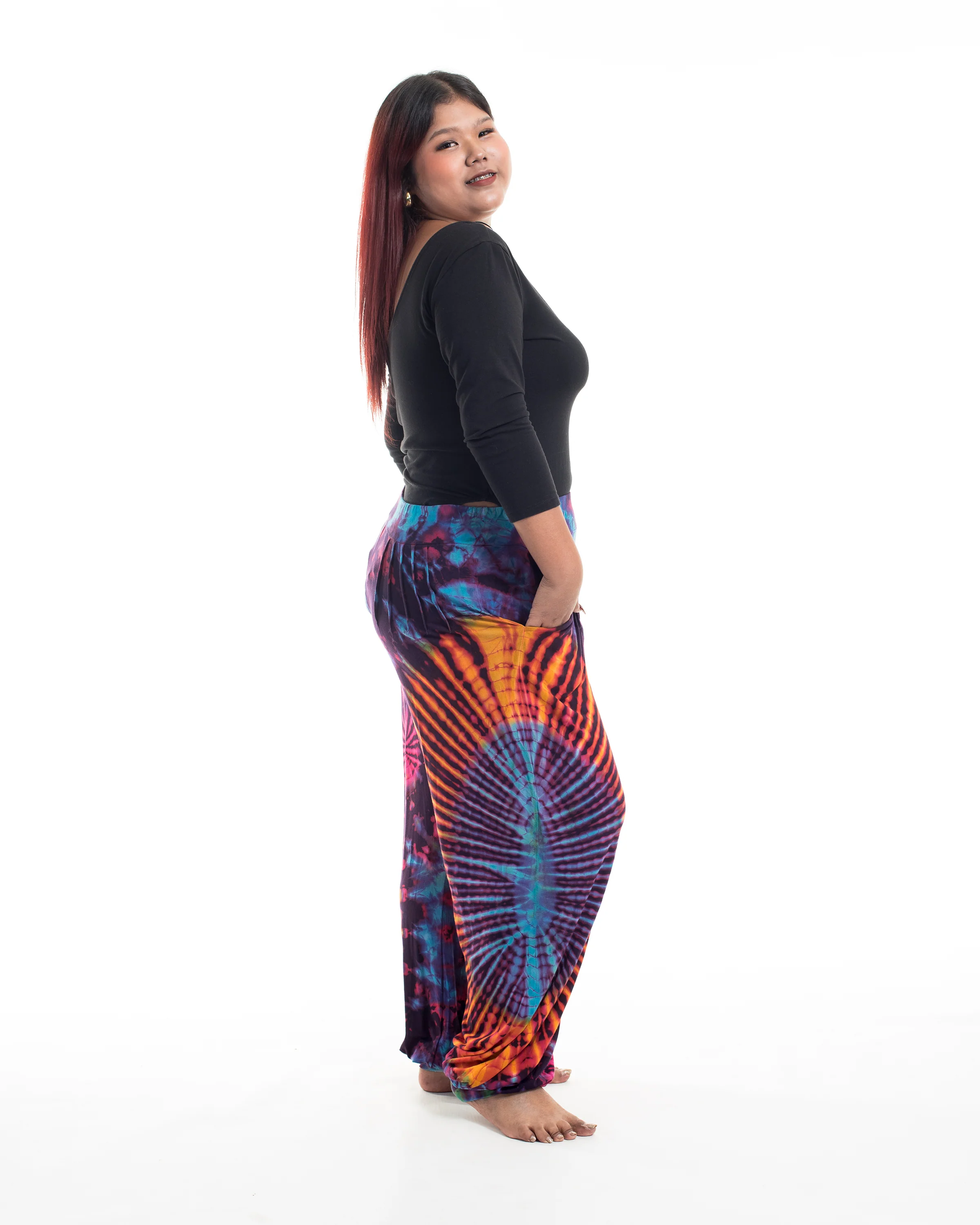 1346-Plus-Size-Tie-Dye-Cotton-Women-Harem-Pants-in-Purple-3.webp Plus Size Tie Dye Cotton Women Harem Pants in Purple