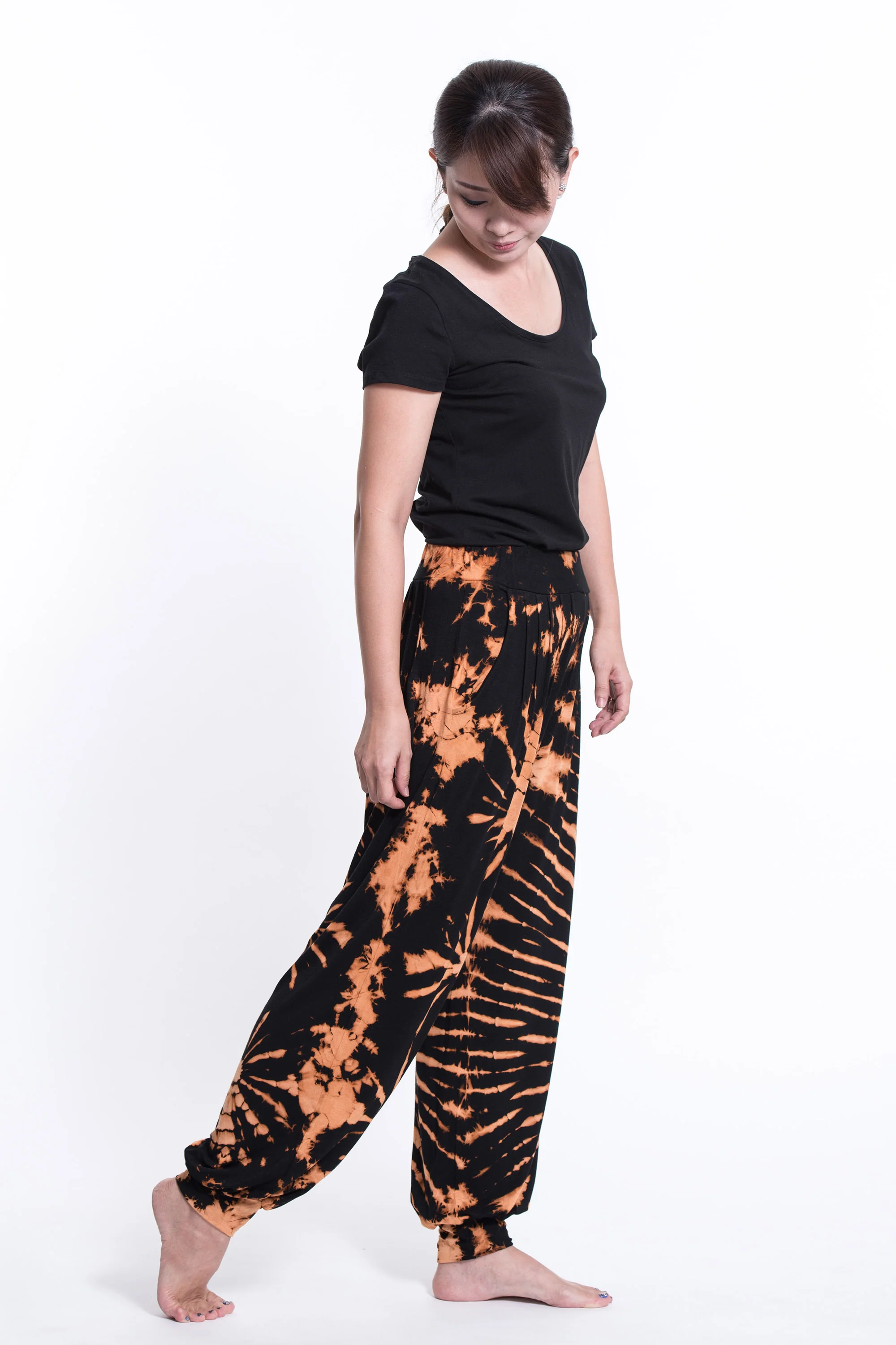 1352-Tie-Dye-Cotton-Women-Harem-Pants-in-Black-Orange-3.webp Tie Dye Cotton Women Harem Pants in Black Orange