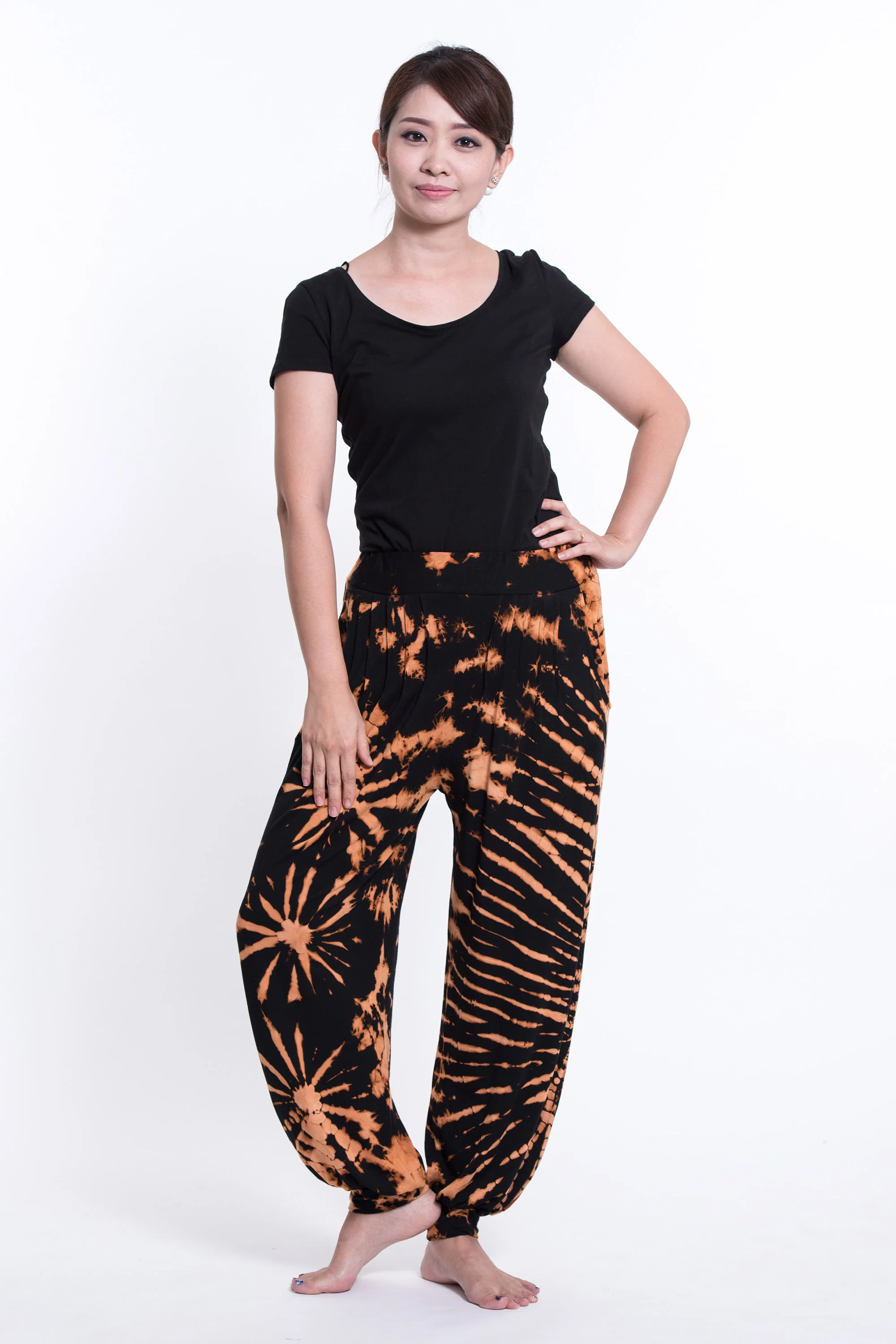 1352-Tie-Dye-Cotton-Women-Harem-Pants-in-Black-Orange-5.webp Tie Dye Cotton Women Harem Pants in Black Orange