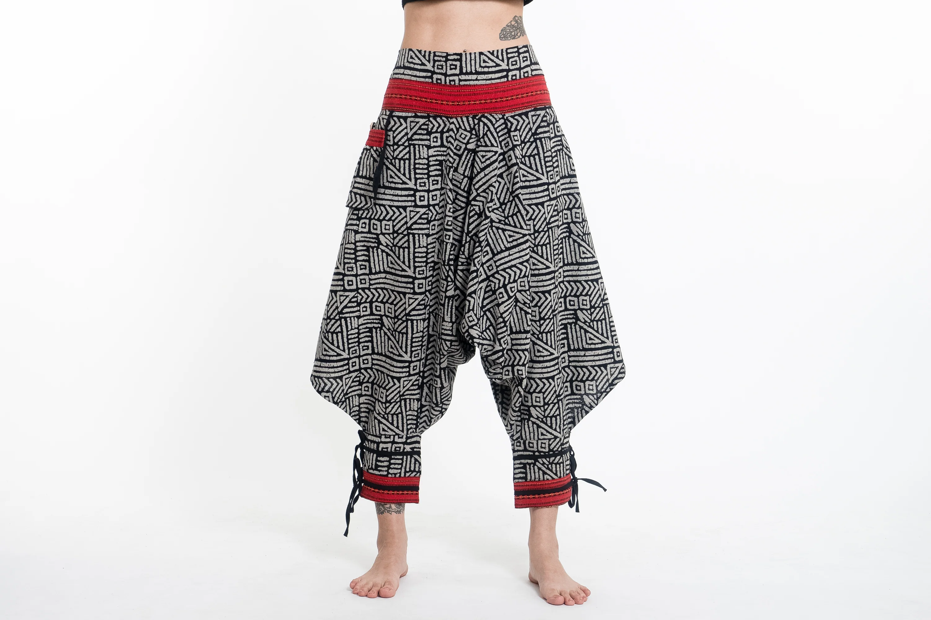Woven Prints Thai Hill Tribe Fabric Women's Harem Pants with Ankle Straps in Black