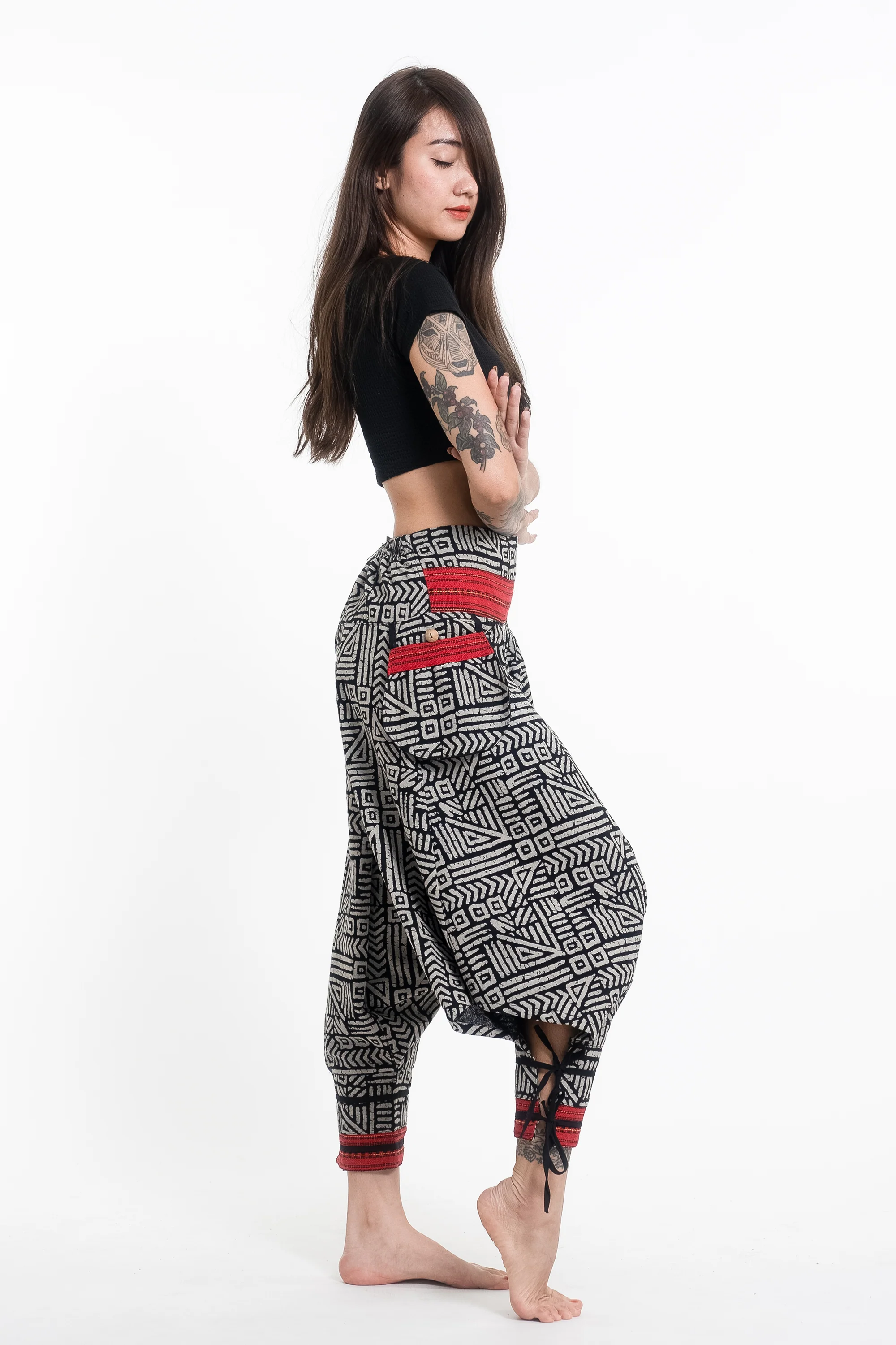 1363-Woven-Prints-Thai-Hill-Tribe-Fabric-Women-s-Harem-Pants-with-Ankle-Straps-in-Black-3.webp Woven Prints Thai Hill Tribe Fabric Women's Harem Pants with Ankle Straps in Black