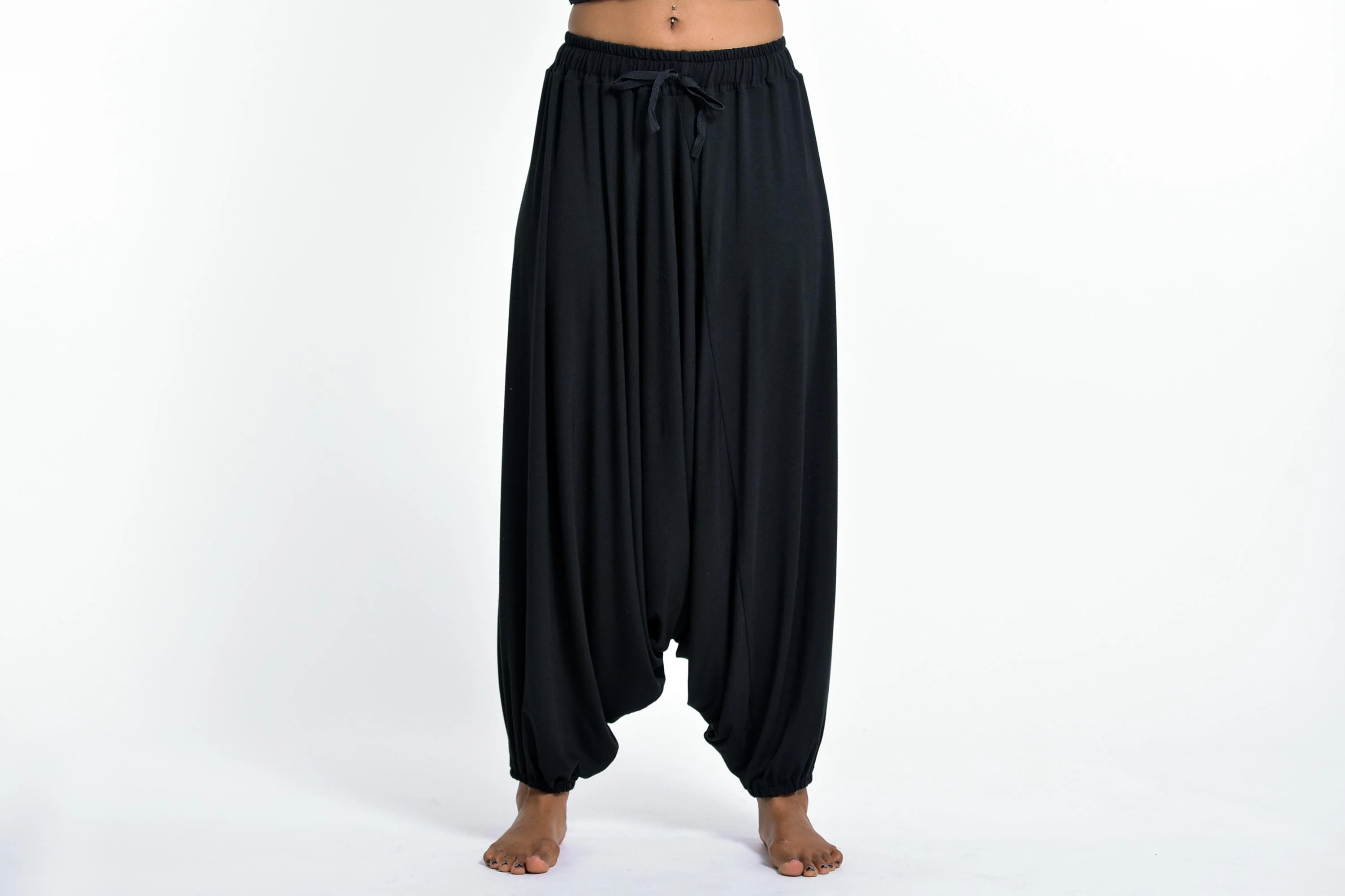 Drawstring Low Cut Harem Pants Cotton Spandex in Solid Black